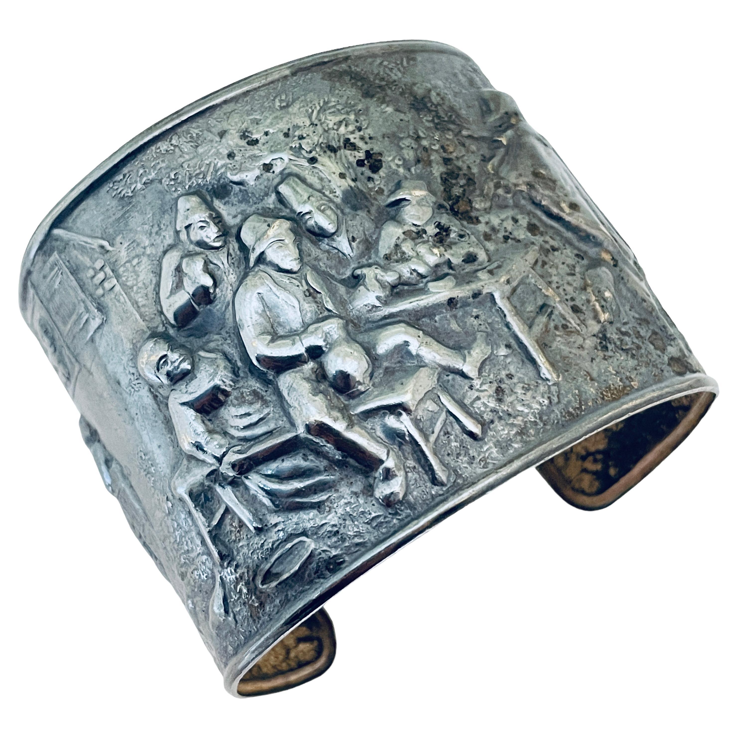 Vintage JRS Denmark silver plate scenic repousse cuff designer bracelet