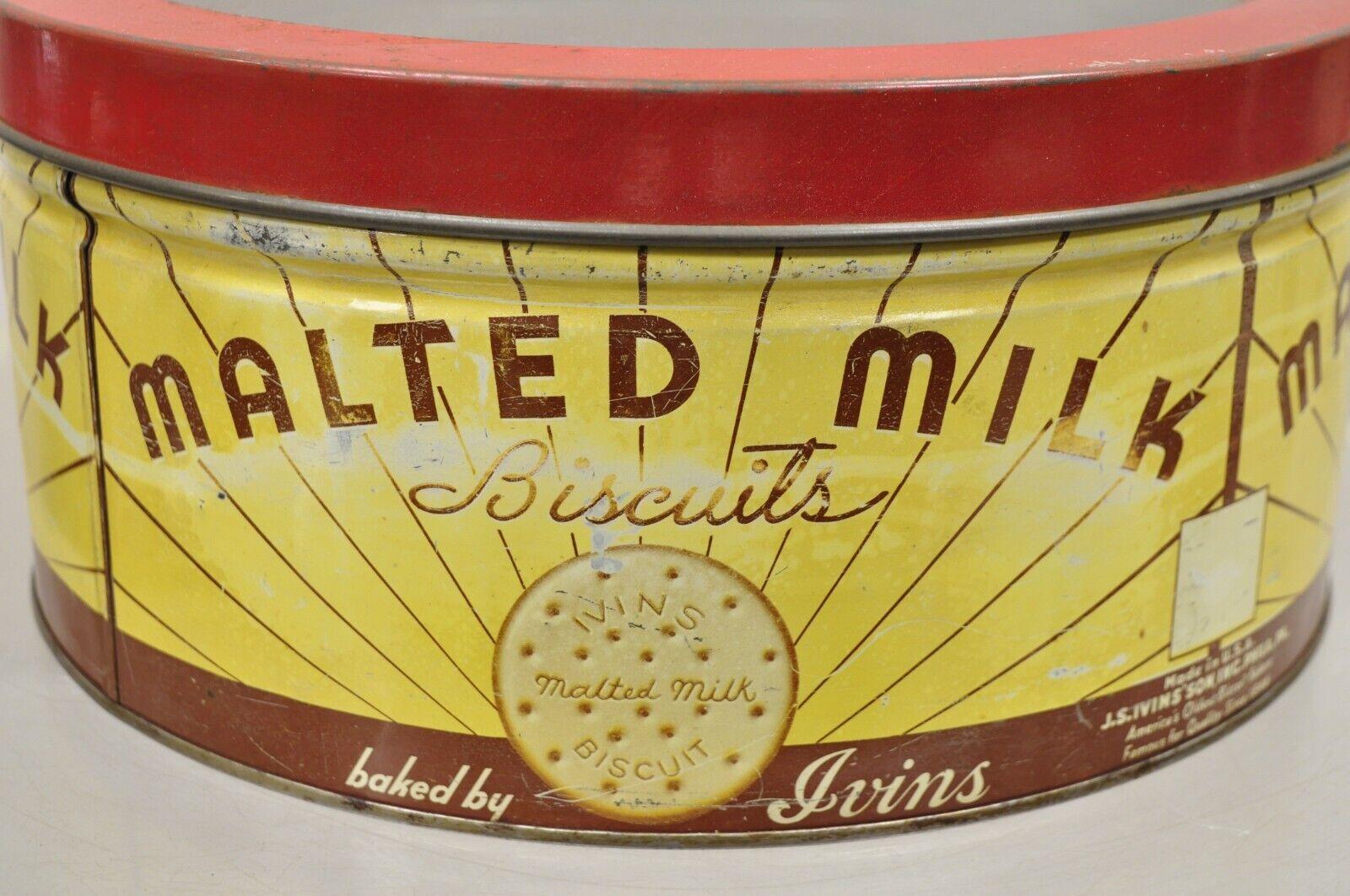 Vintage J.S. Ivins Son Inc. Malted Milk Biscuits Round Glass Lid Tin Container 6