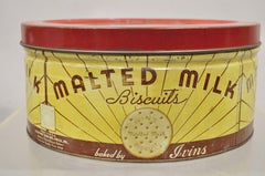 Vintage J.S. Ivins Son Inc. Malted Milk Biscuits Round Glass Lid Tin Container