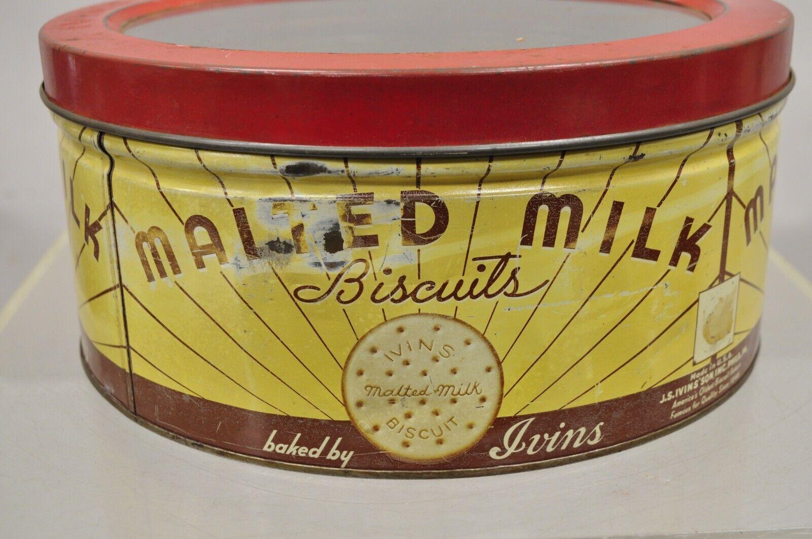 Vintage J.S. Ivins Son Inc. Malted Milk Biscuits Round Glass Lid Tin Container 1