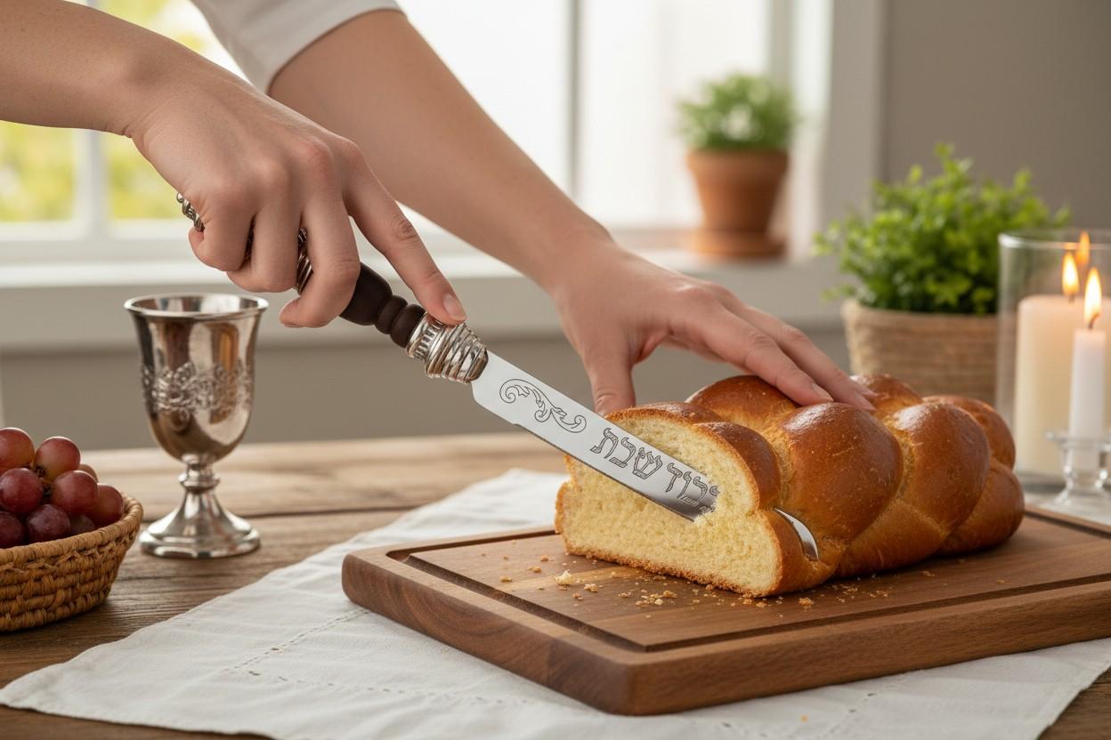 Un coltello da challah vintage di ottima fattura, che unisce l'acciaio inossidabile Sheffield a un manico decorativo in argento. La lama reca eleganti ornamenti incisi e un'iscrizione in ebraico che recita 