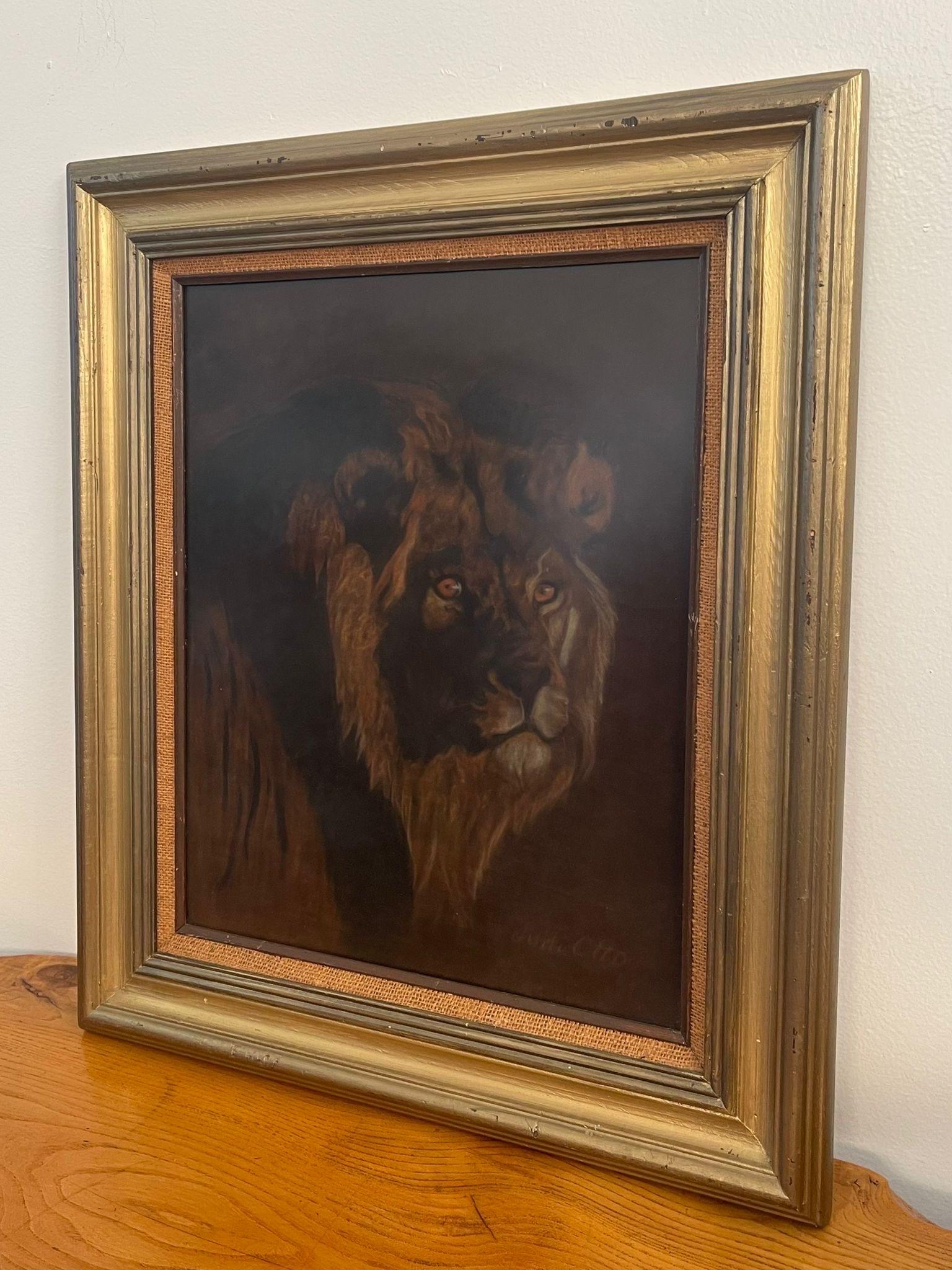 Mid-Century Modern Peinture originale vintage de Judi Otto représentant un lion sur velours Brown. en vente