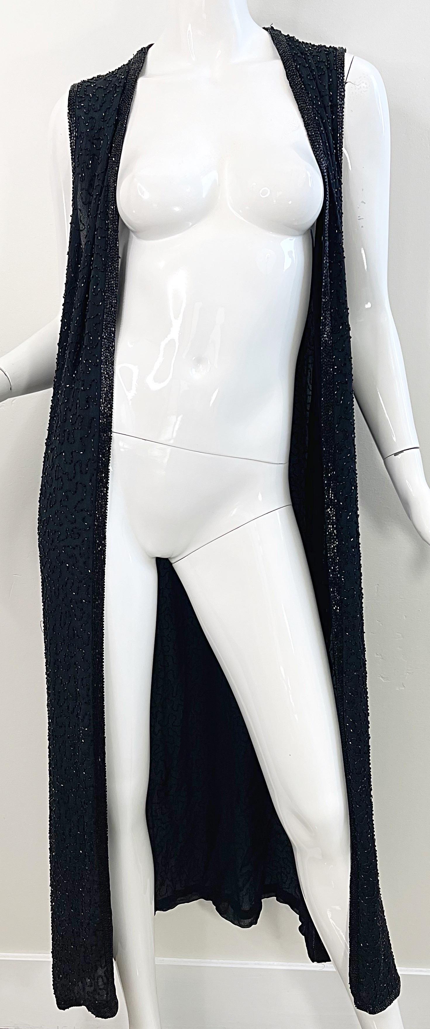 Vintage Judith Ann 1990s Black Silk Chiffon Fully Beaded 90s Duster Vest Medium For Sale 1