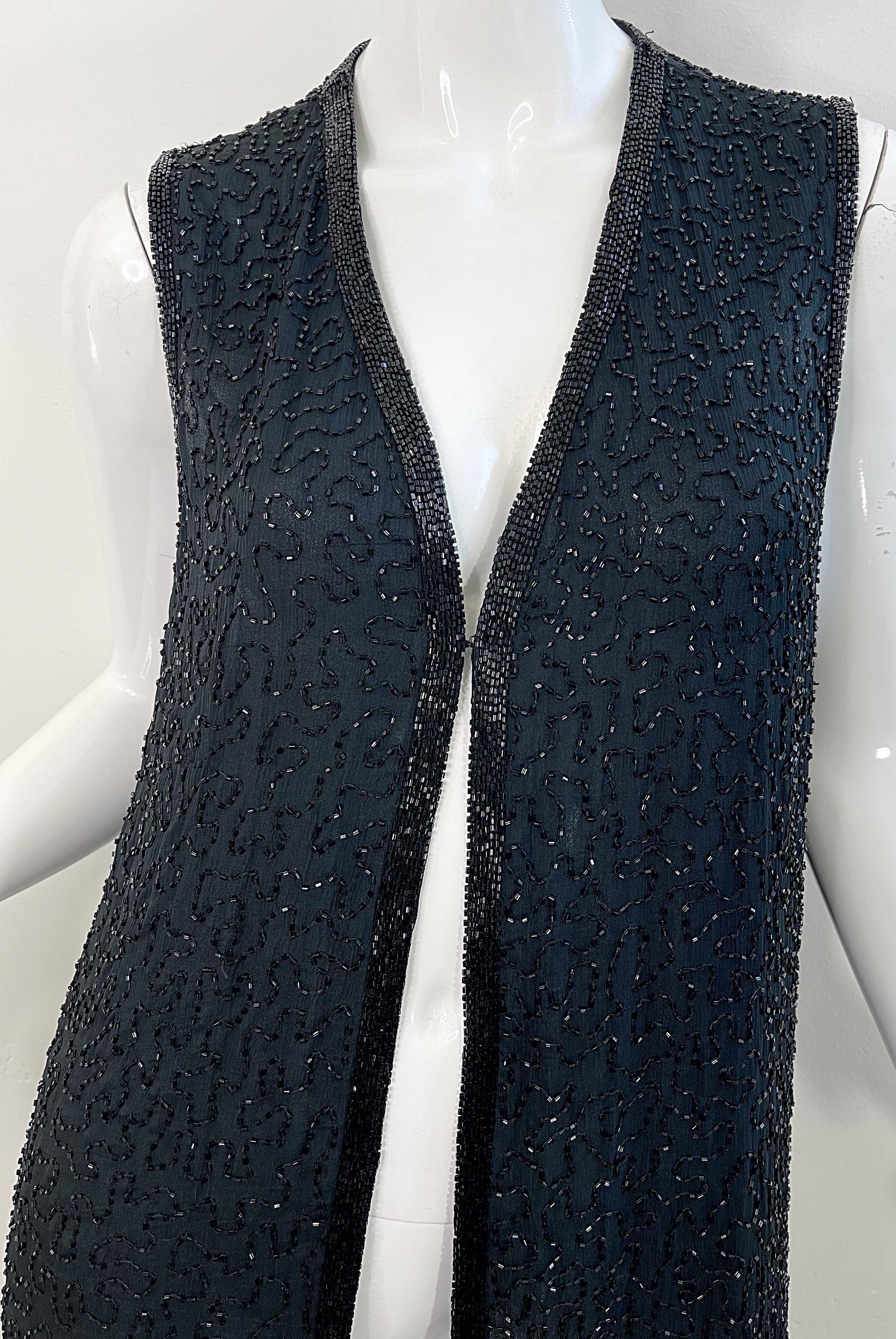 Vintage Judith Ann 1990s Black Silk Chiffon Fully Beaded 90s Duster Vest Medium For Sale 2