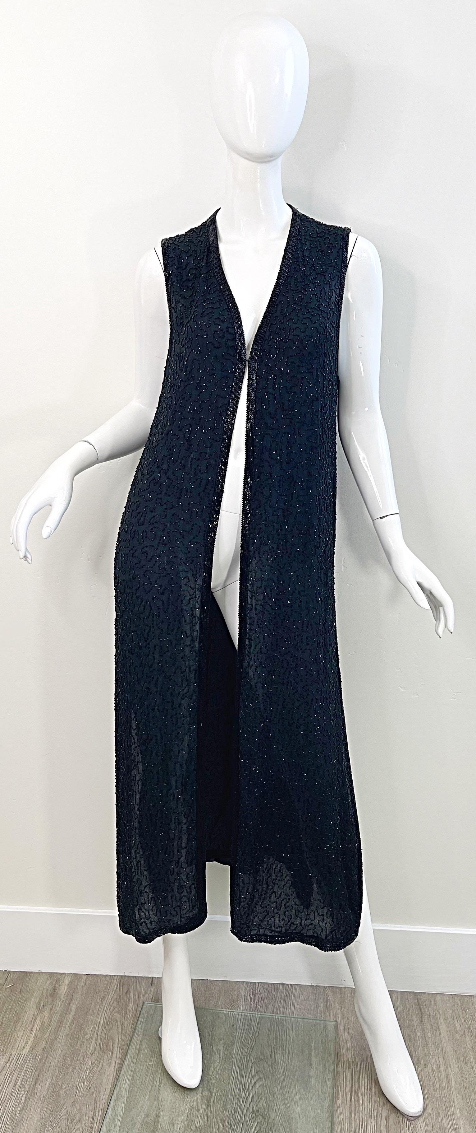 Vintage Judith Ann 1990s Black Silk Chiffon Fully Beaded 90s Duster Vest Medium For Sale 4