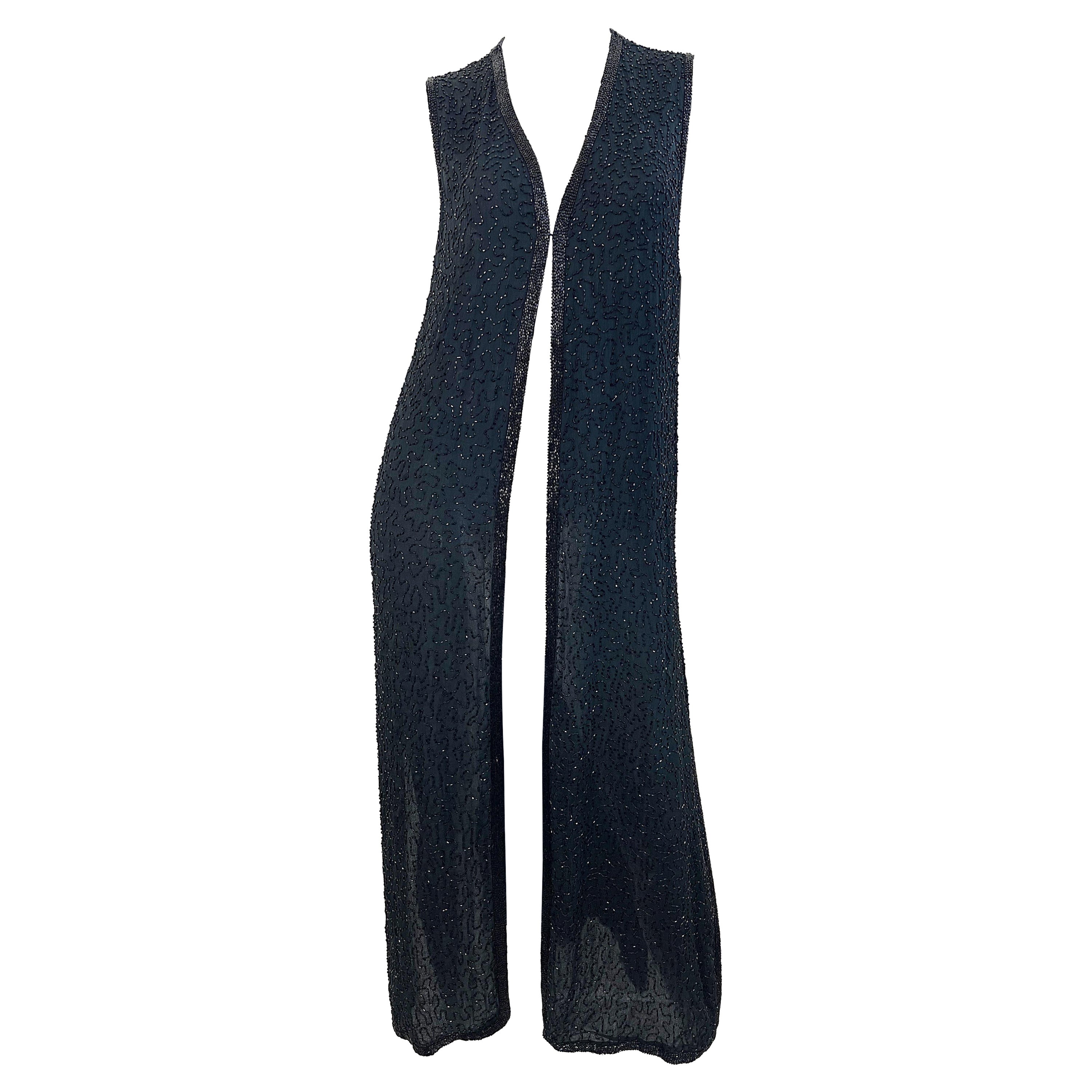 Gilet vintage Judith Ann en mousseline de soie noire entièrement perlé (années 1990), taille moyenne en vente