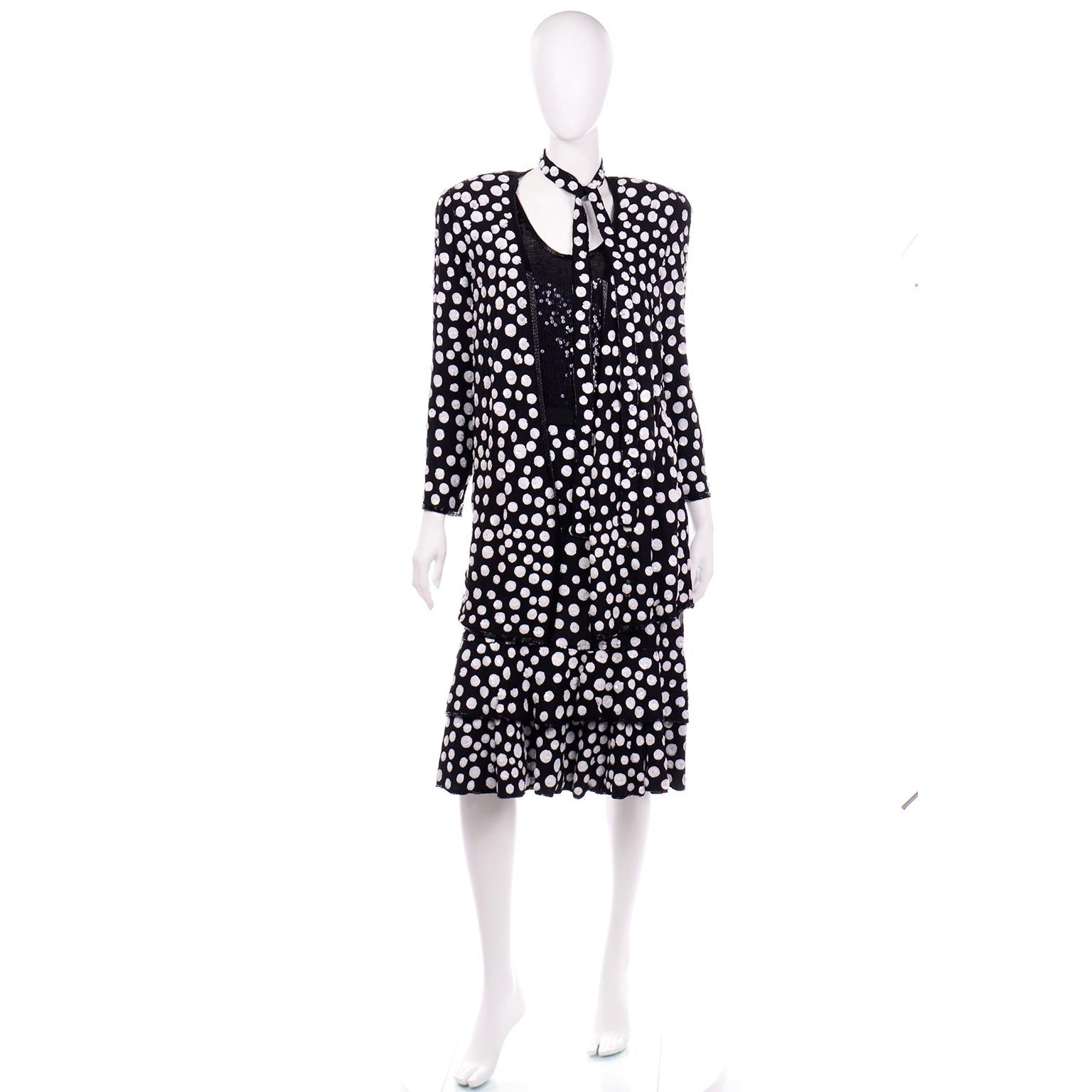Black Vintage Judith Ann Creations Silk Beaded 3Pc Polka Dot Dress W Sequins New w Tag
