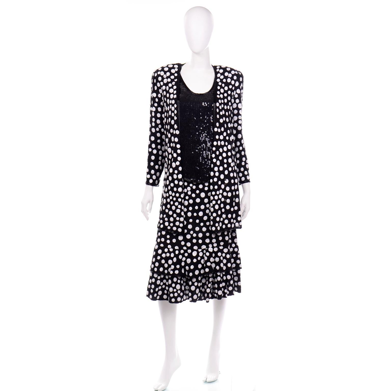 Vintage Judith Ann Creations Silk Beaded 3Pc Polka Dot Dress W Sequins New w Tag In New Condition In Portland, OR