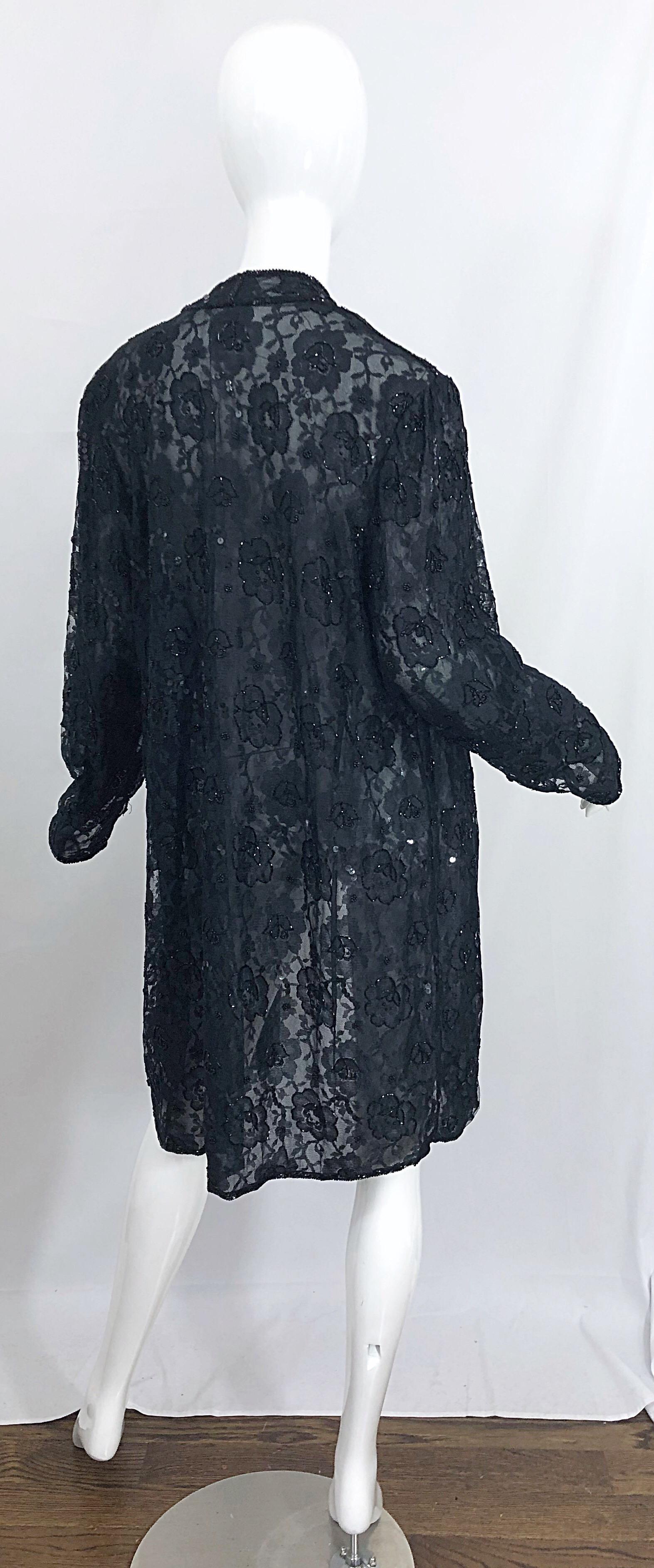 Vintage Judith Ann Size Large Black Lace Beaded Open Front Sheer Duster Jacket For Sale 4