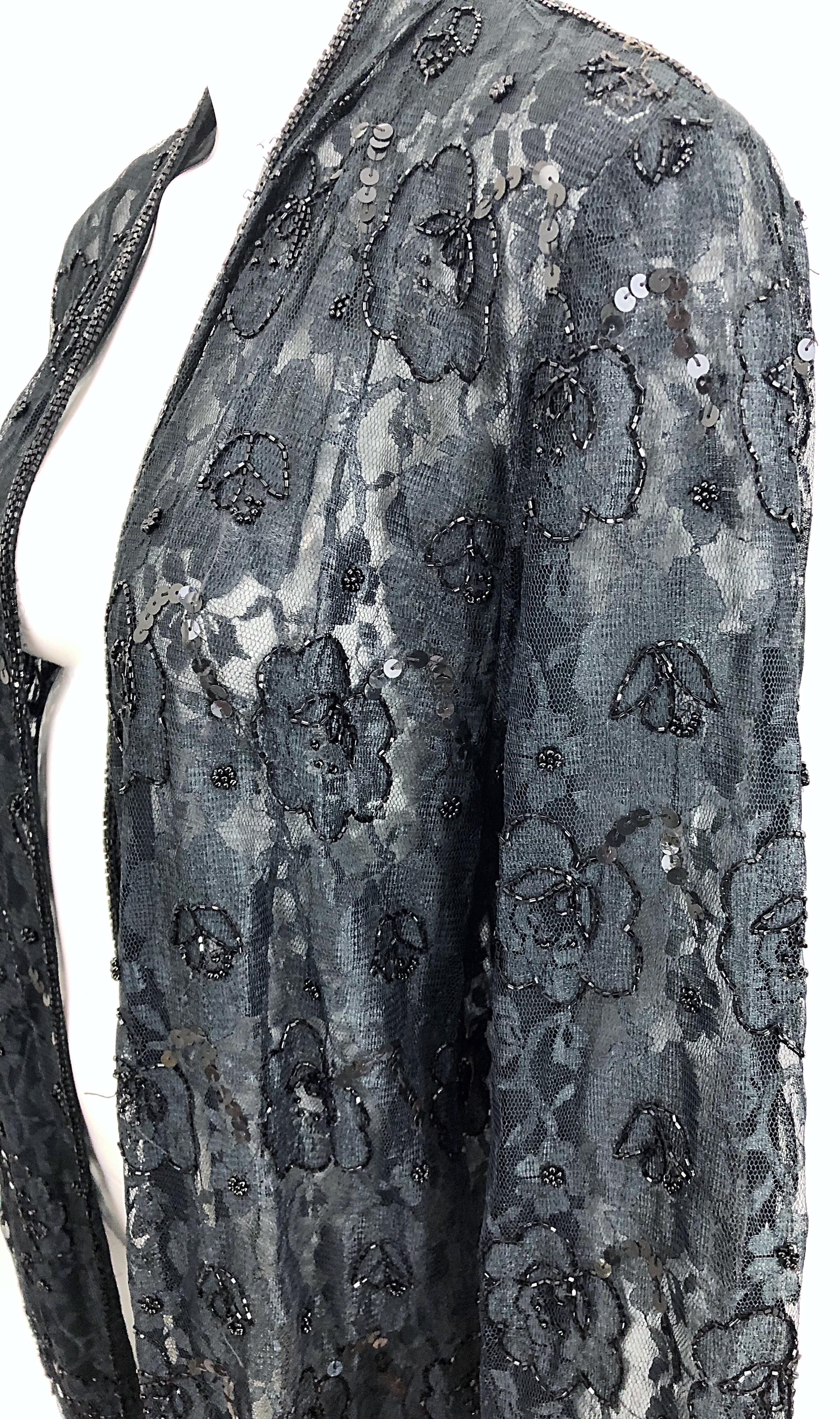 Veste vintage Judith Ann large en dentelle noire perlée ouverte sur le devant et transparente, taille L en vente 7