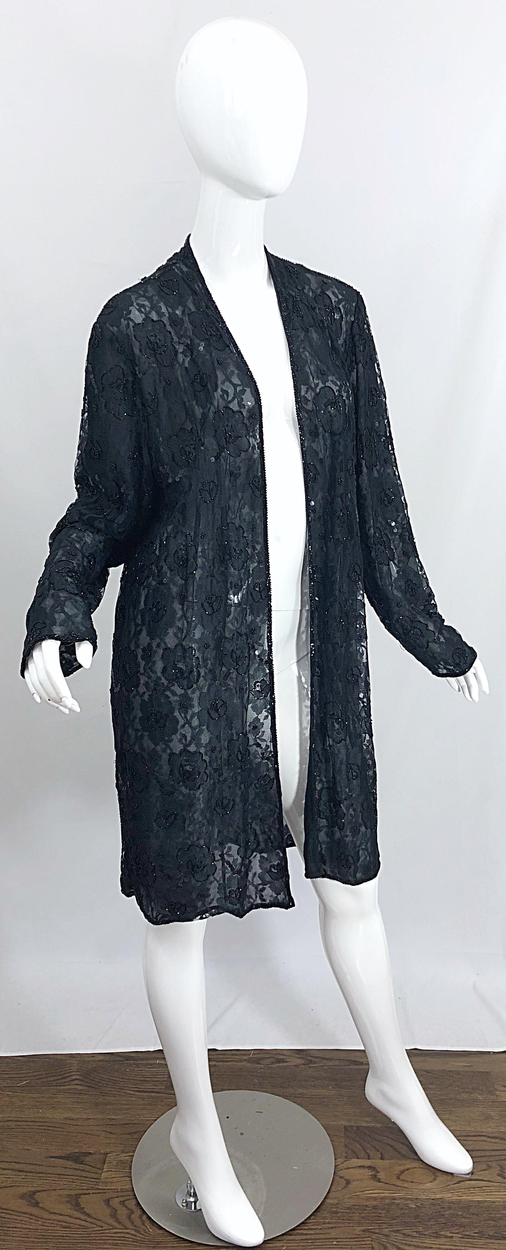 Vintage Judith Ann Size Large Black Lace Beaded Open Front Sheer Duster Jacket For Sale 6