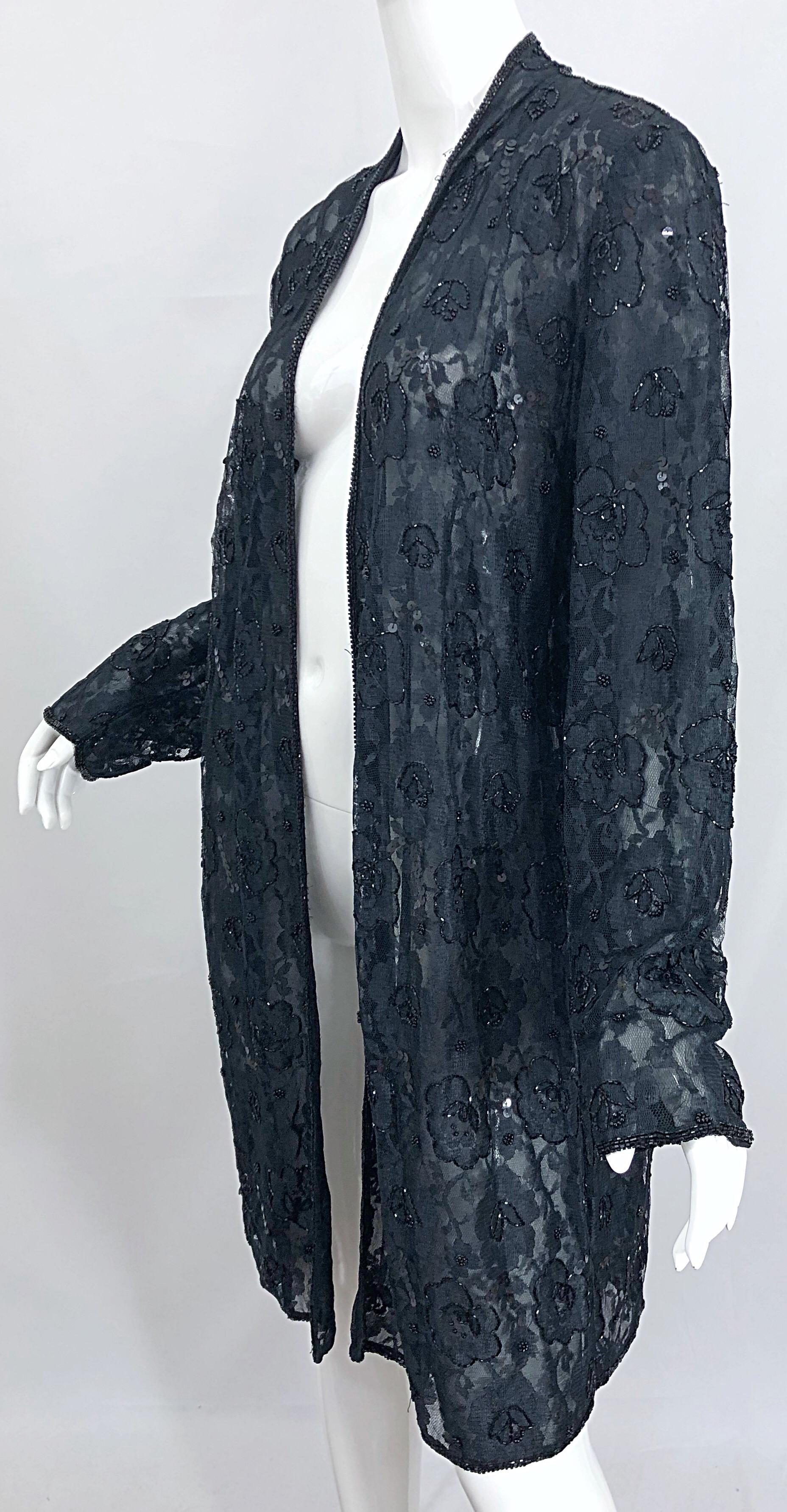 Vintage Judith Ann Size Large Black Lace Beaded Open Front Sheer Duster Jacket For Sale 7