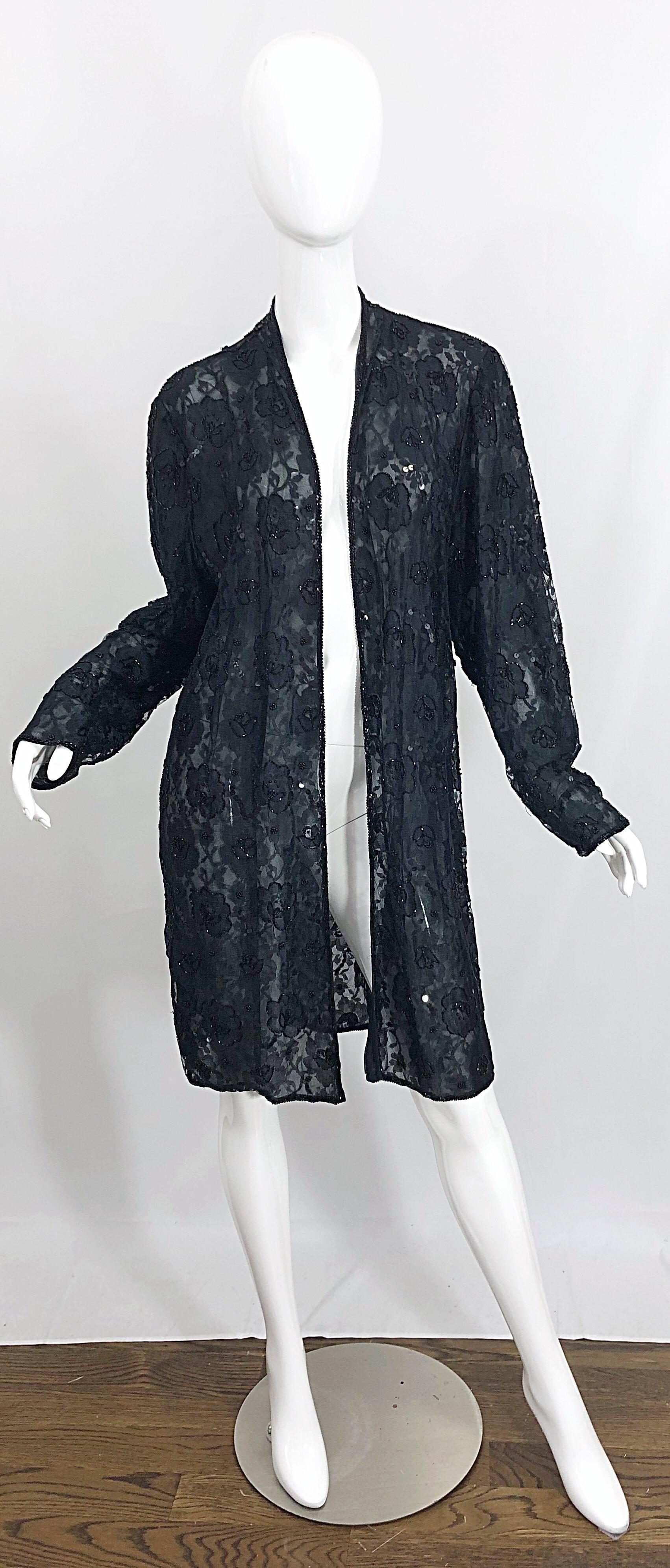 Vintage Judith Ann Size Large Black Lace Beaded Open Front Sheer Duster Jacket For Sale 8
