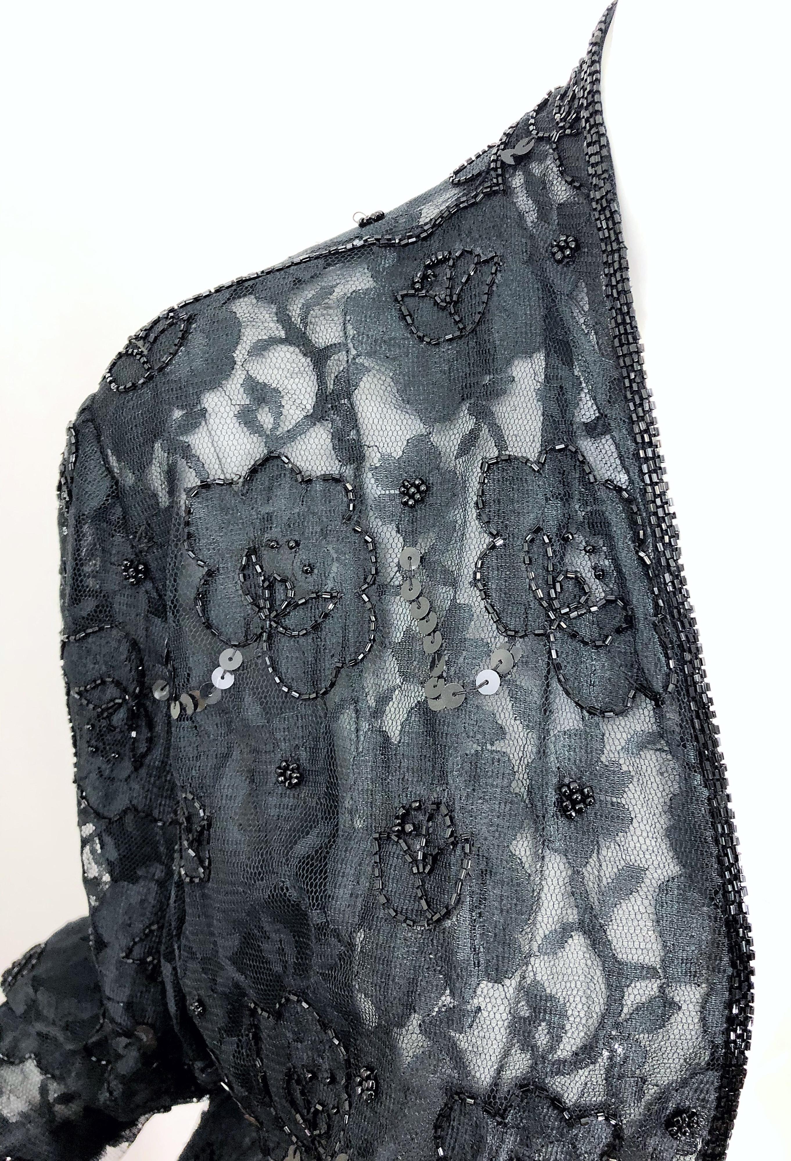Noir Veste vintage Judith Ann large en dentelle noire perlée ouverte sur le devant et transparente, taille L en vente