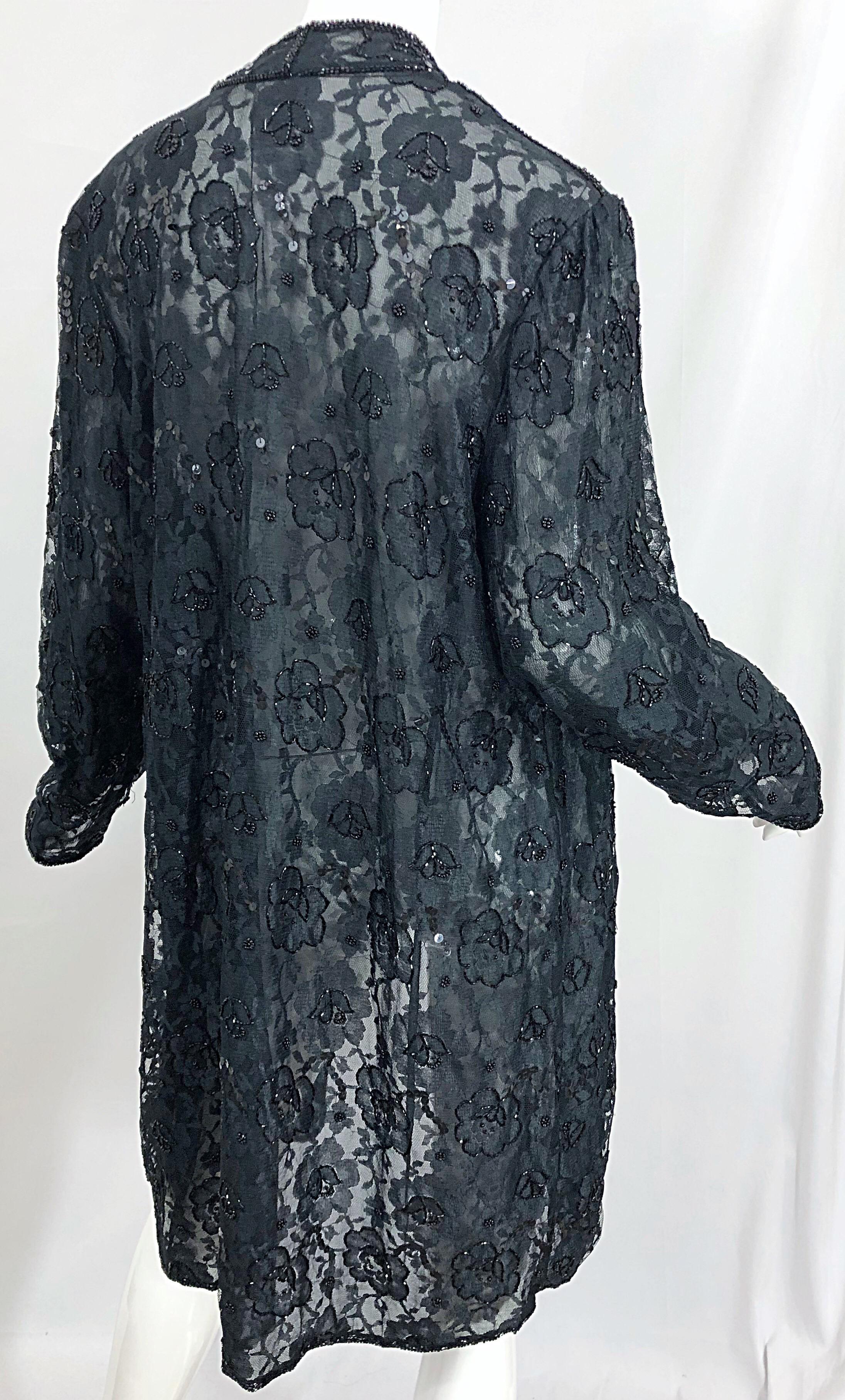 Veste vintage Judith Ann large en dentelle noire perlée ouverte sur le devant et transparente, taille L Pour femmes en vente