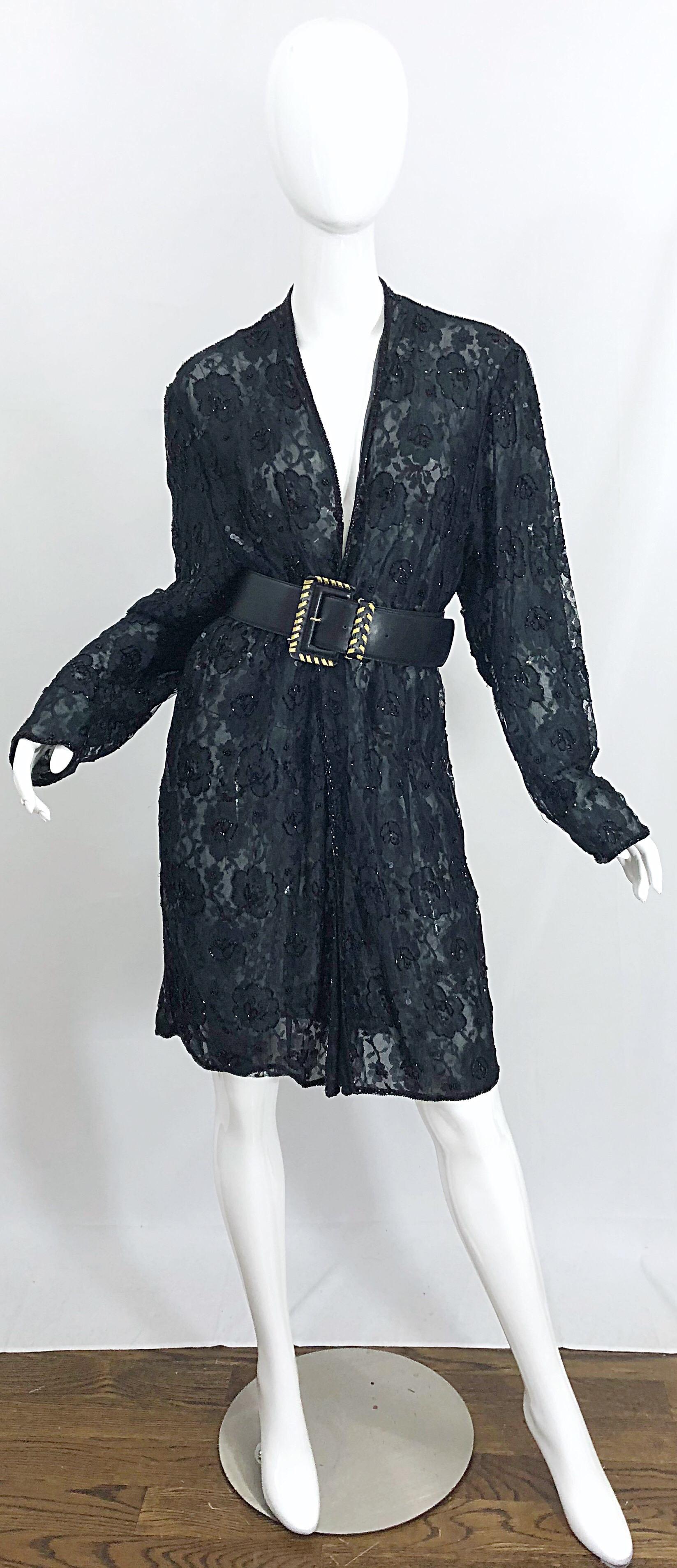 Vintage Judith Ann Size Large Black Lace Beaded Open Front Sheer Duster Jacket In Excellent Condition For Sale In San Diego, CA