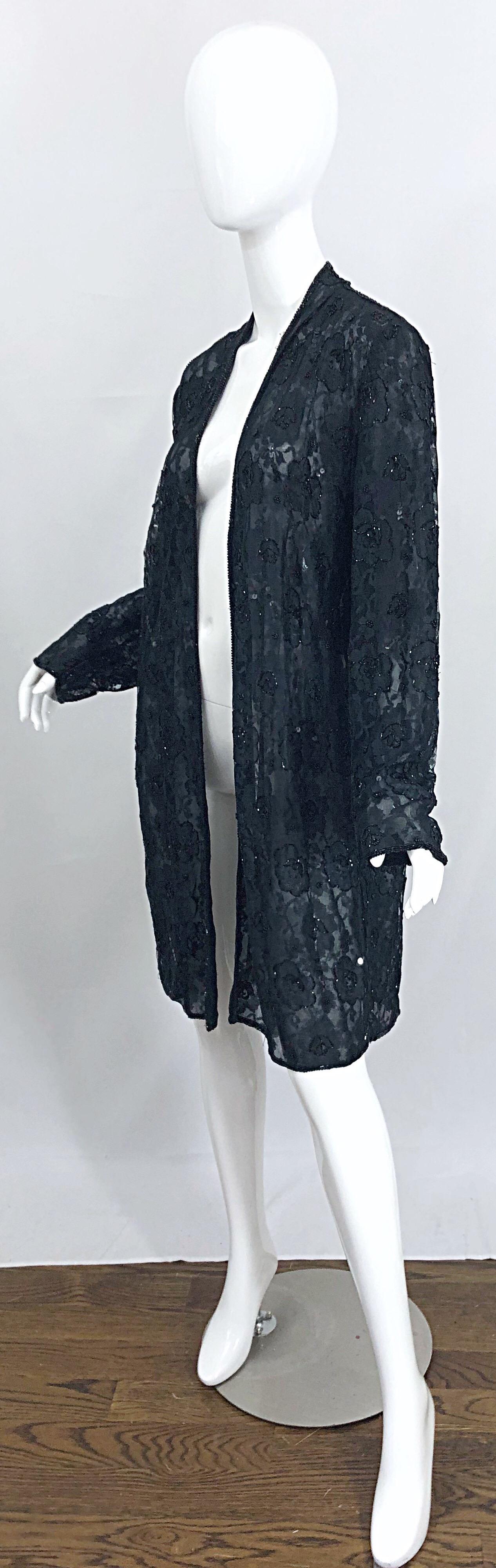 Veste vintage Judith Ann large en dentelle noire perlée ouverte sur le devant et transparente, taille L en vente 2