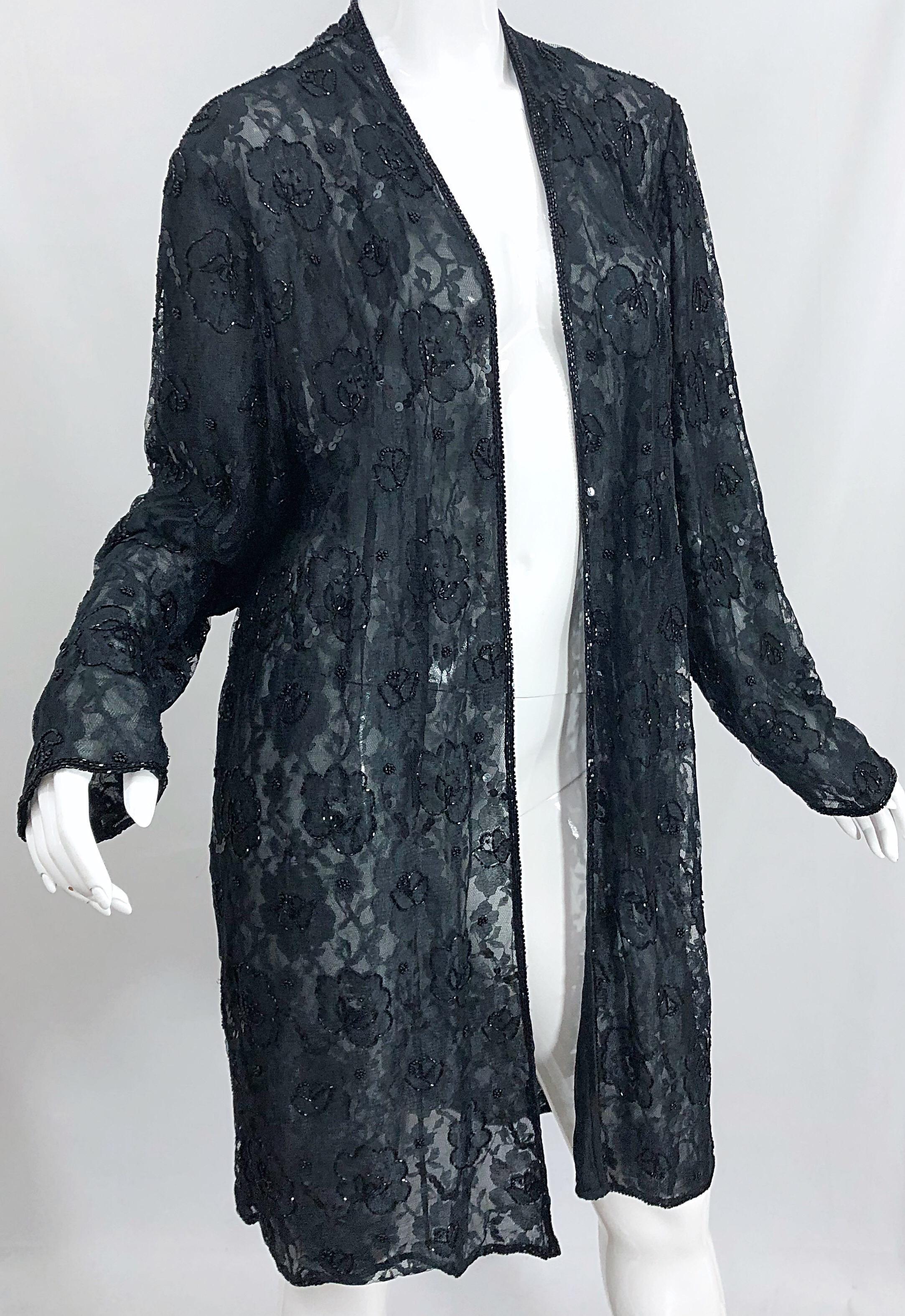 Vintage Judith Ann Size Large Black Lace Beaded Open Front Sheer Duster Jacket For Sale 1