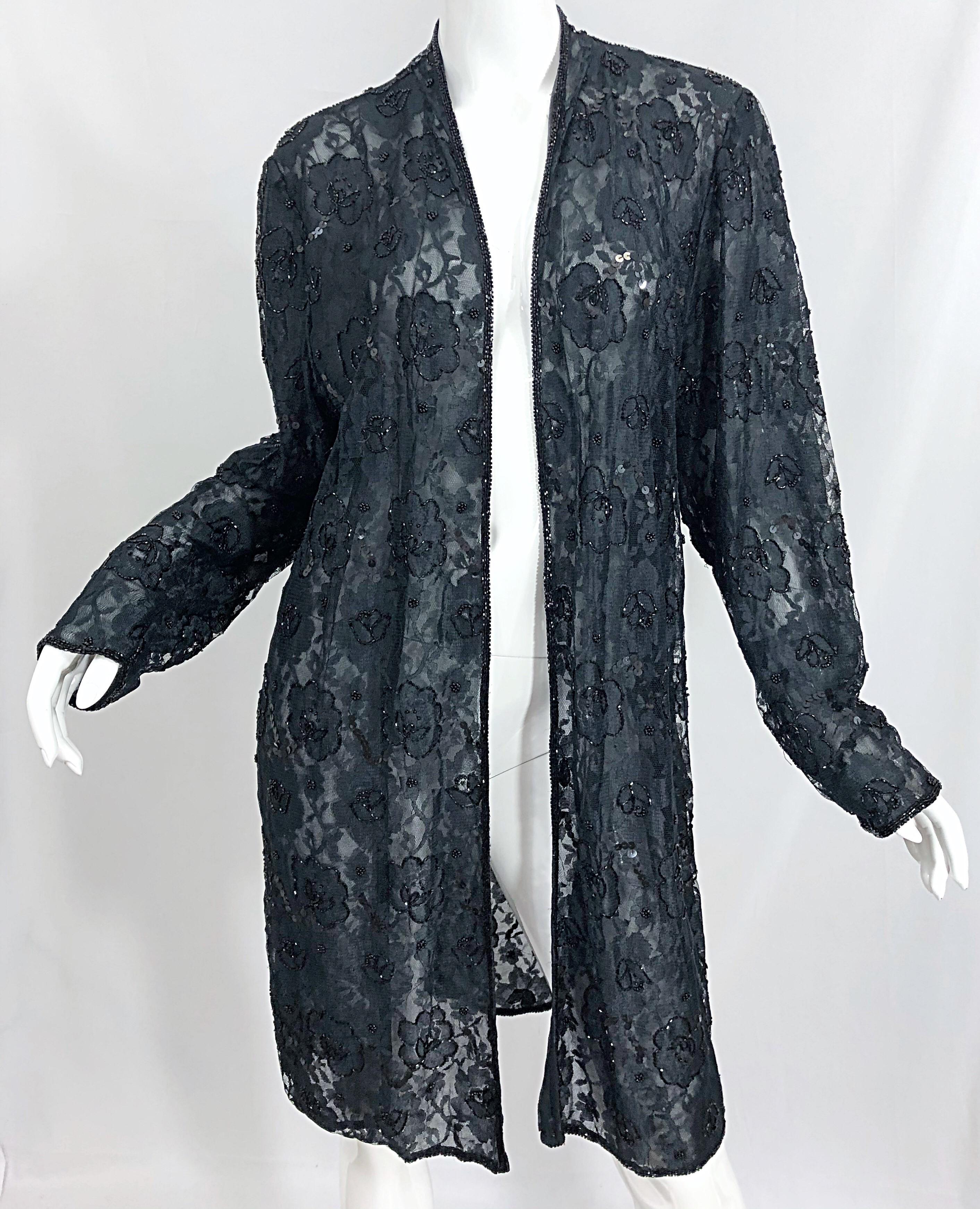 Vintage Judith Ann Size Large Black Lace Beaded Open Front Sheer Duster Jacket For Sale 2