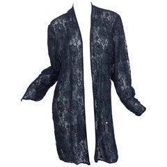 Vintage Judith Ann Size Large Black Lace Beaded Open Front Sheer Duster Jacket