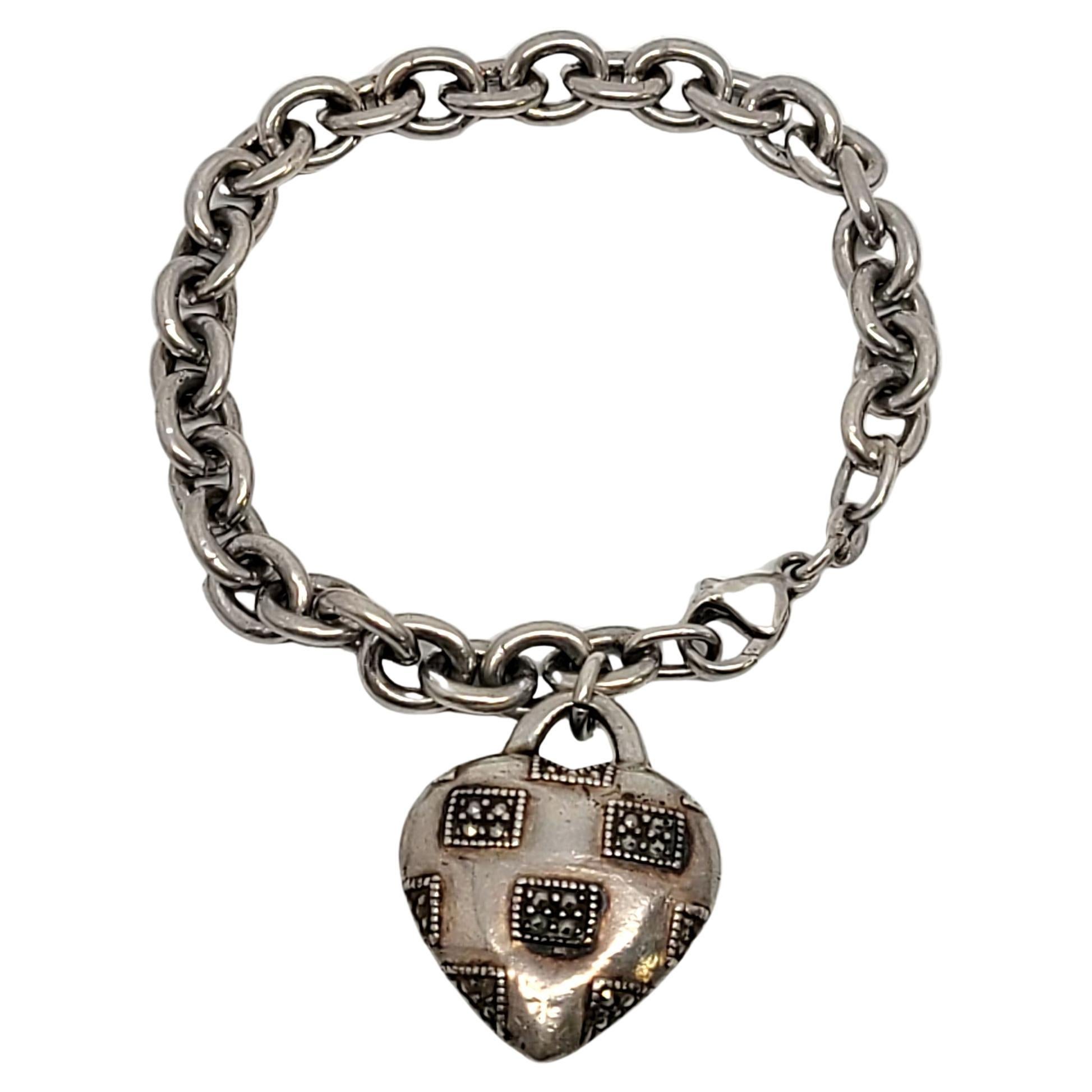 Vintage Judith Jack Sterling Silver Marcasite Heart Charm Dangle Bracelet For Sale