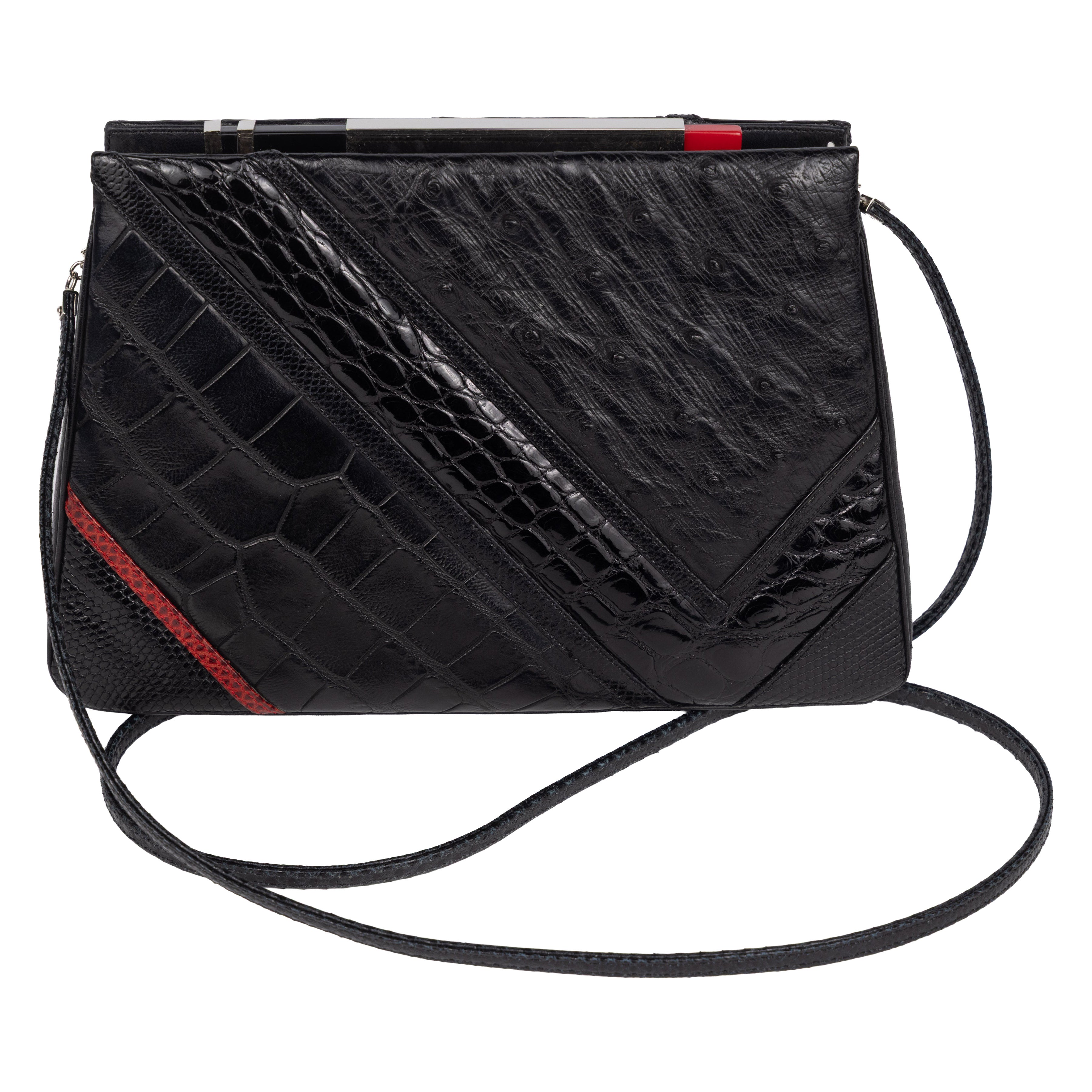 Vintage Judith Leiber 1982 Art Deco Alligator & Ostrich Shoulder Bag, Documented For Sale