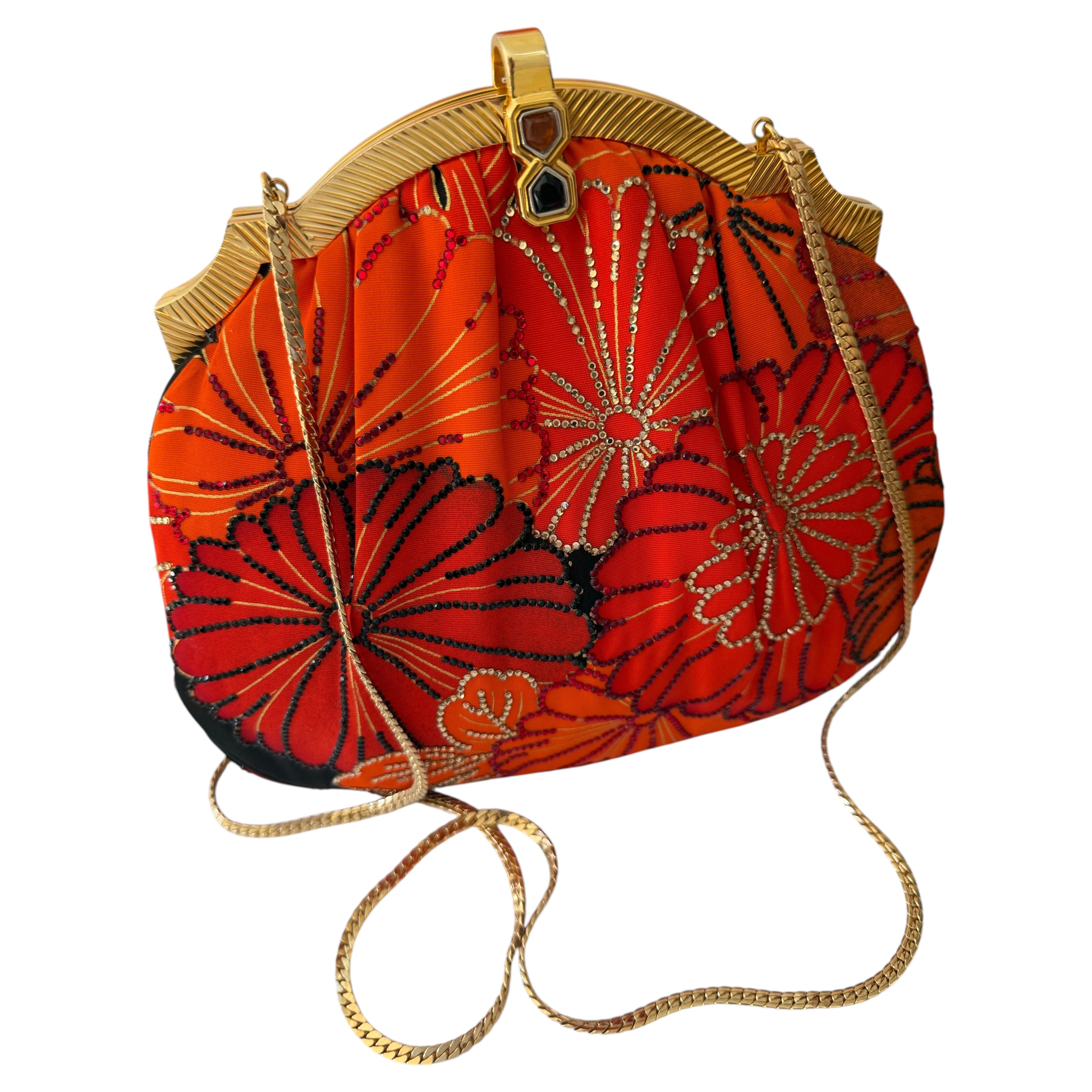 Vintage Judith Leiber Asian-Inspired Red Orange Crystal Floral Bag