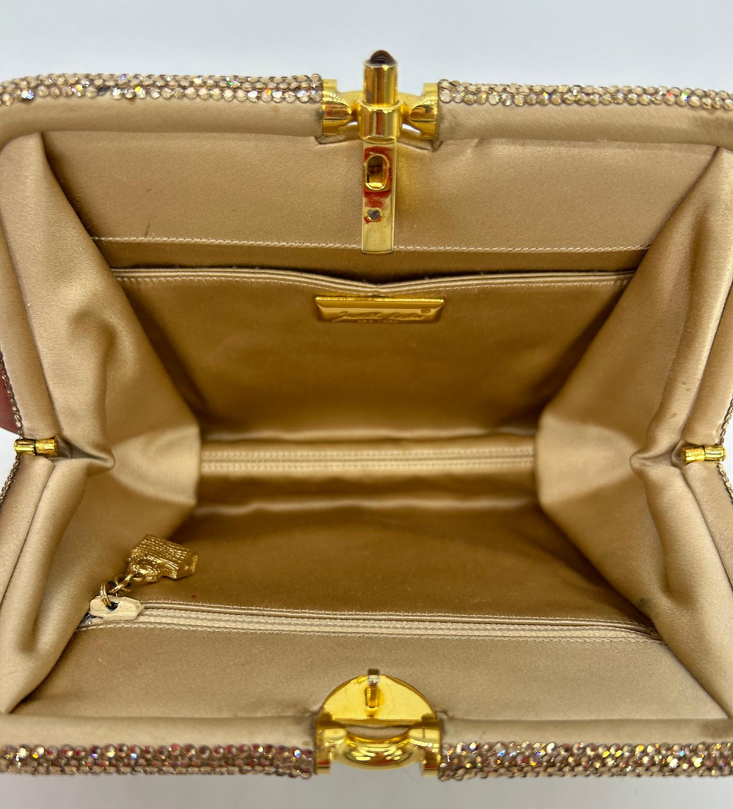 Vintage Judith Leiber Beige Pleated Silk Swarovski Crystal Top Clutch c1980s For Sale 6