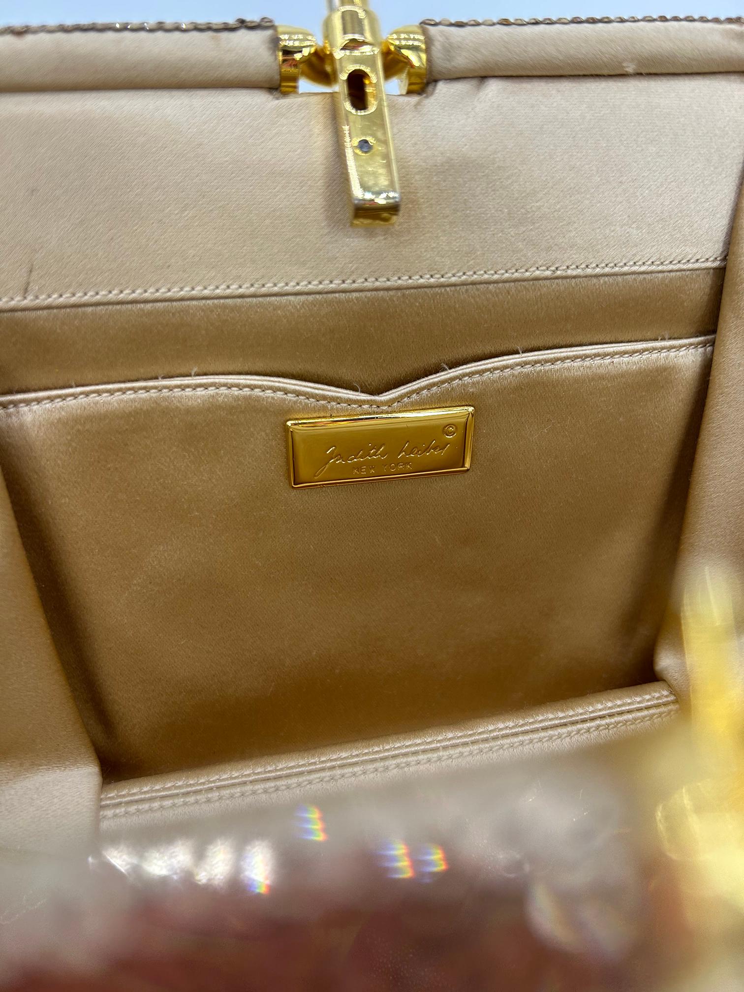 Vintage Judith Leiber Beige Pleated Silk Swarovski Crystal Top Clutch c1980s For Sale 7
