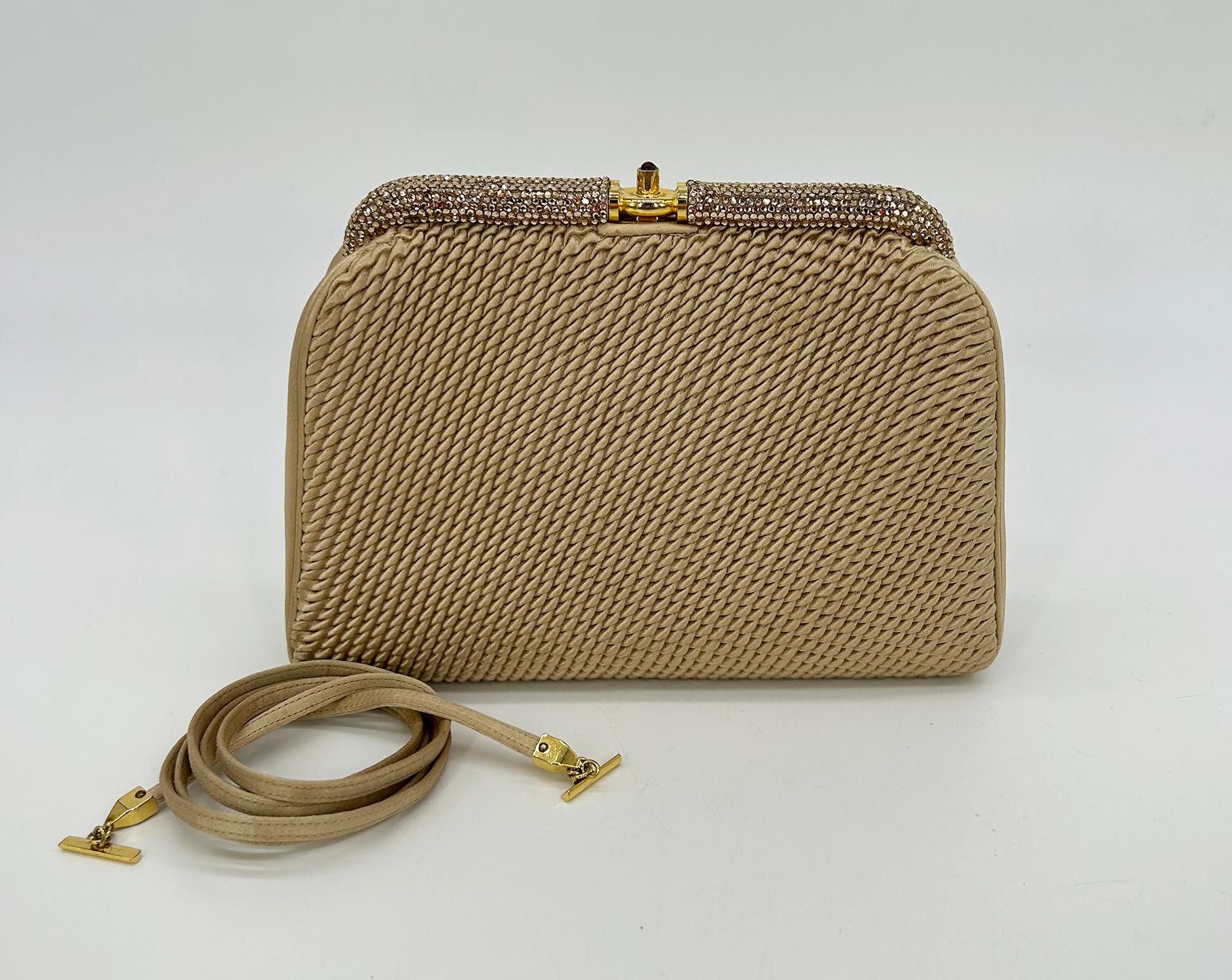 Vintage Judith Leiber Beige Pleated Silk Swarovski Crystal Top Clutch c1980s For Sale 9