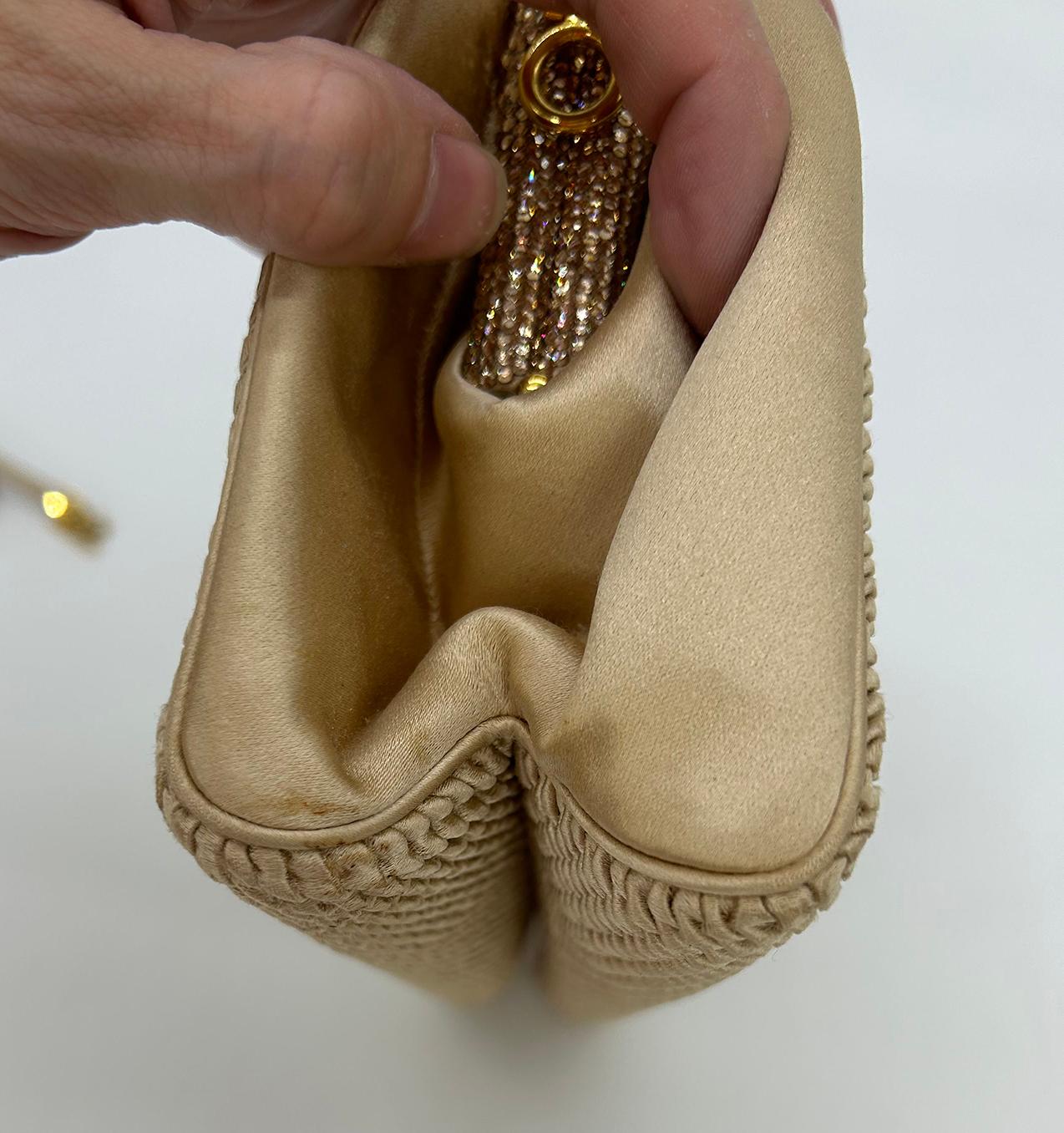 Vintage Judith Leiber Beige Pleated Silk Swarovski Crystal Top Clutch c1980s For Sale 10