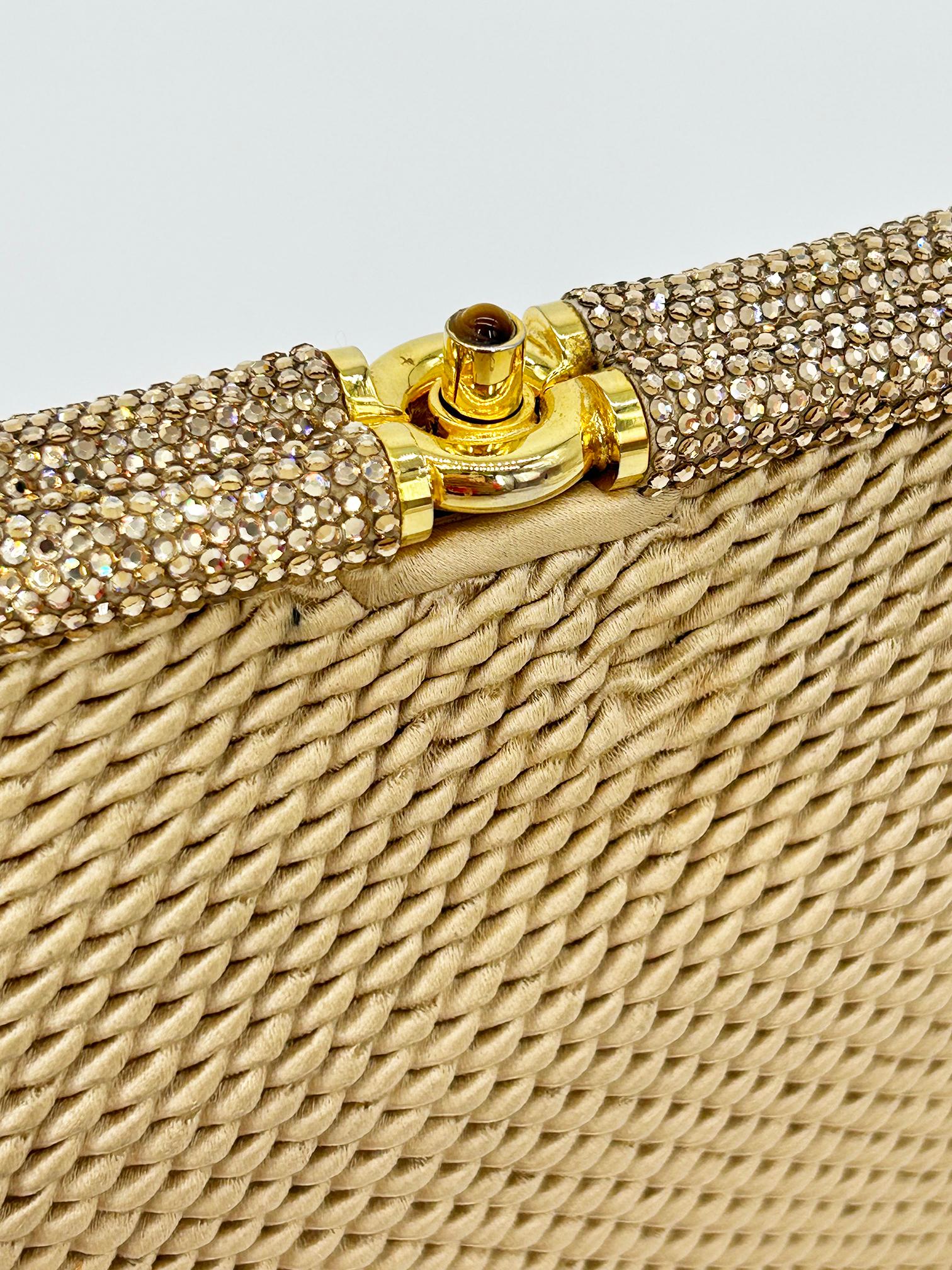 Vintage Judith Leiber Beige Pleated Silk Swarovski Crystal Top Clutch c1980s For Sale 11