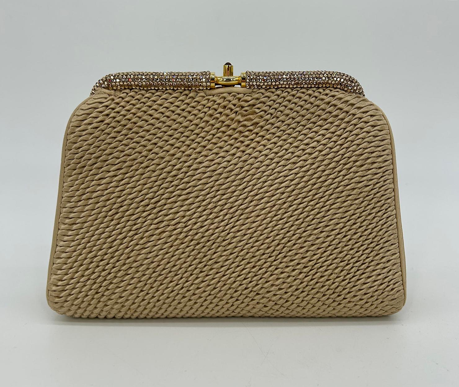 Vintage Judith Leiber Beige Pleated Silk Swarovski Crystal Top Clutch c1980s In Good Condition For Sale In Philadelphia, PA