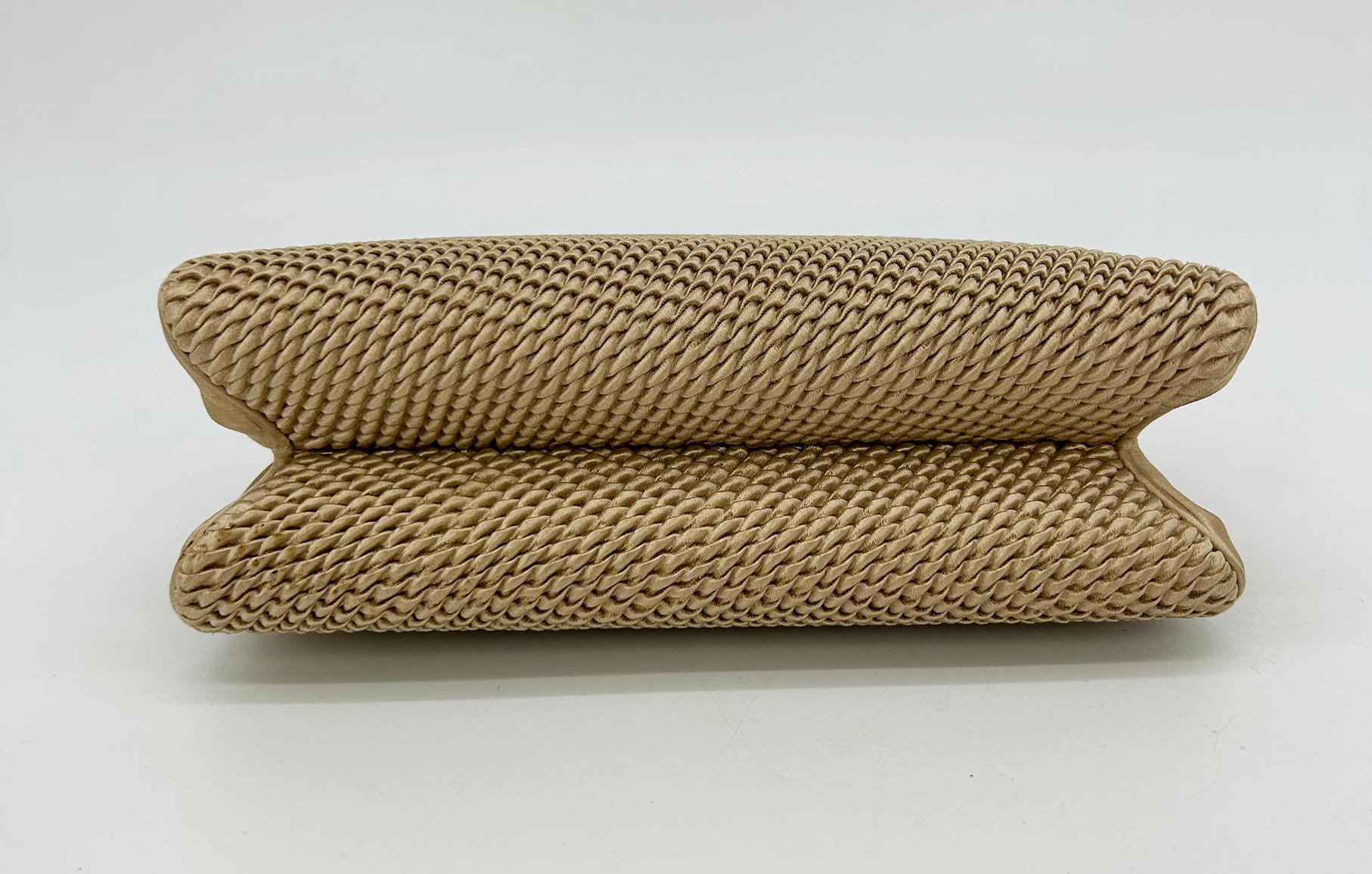 Vintage Judith Leiber Beige Pleated Silk Swarovski Crystal Top Clutch c1980s For Sale 1