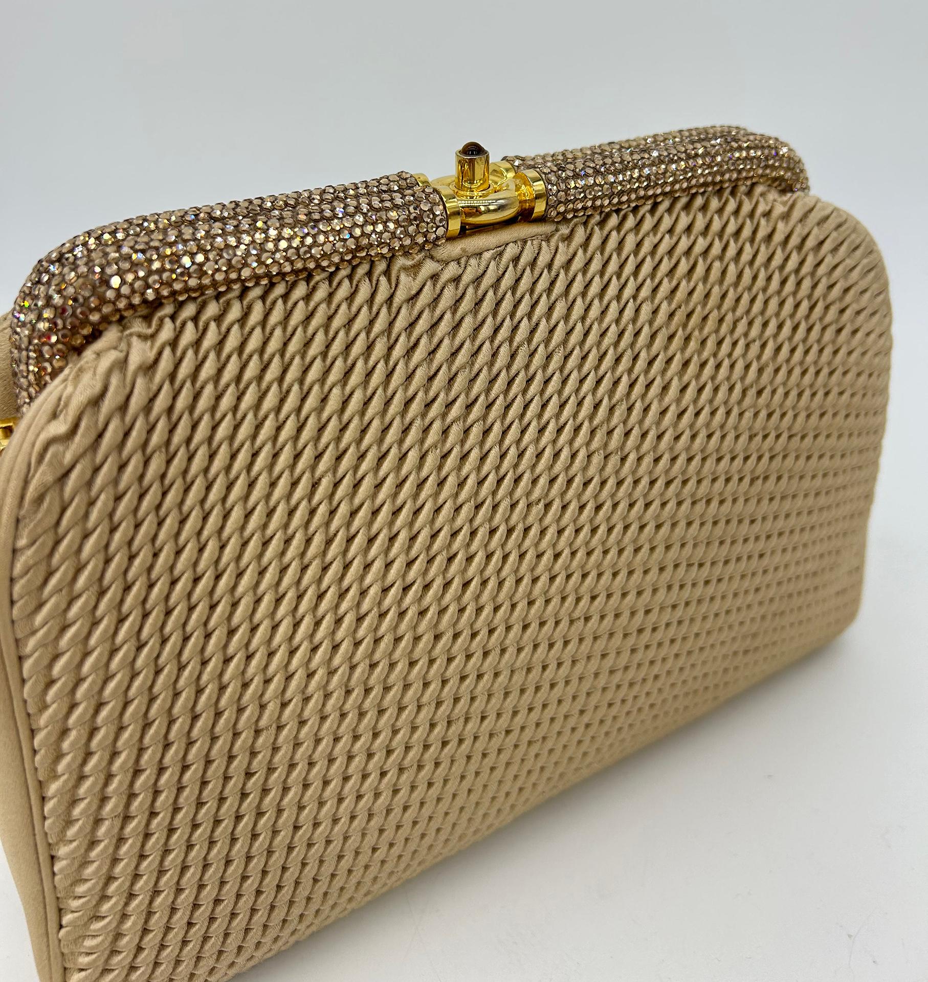 Vintage Judith Leiber Beige Pleated Silk Swarovski Crystal Top Clutch c1980s For Sale 3