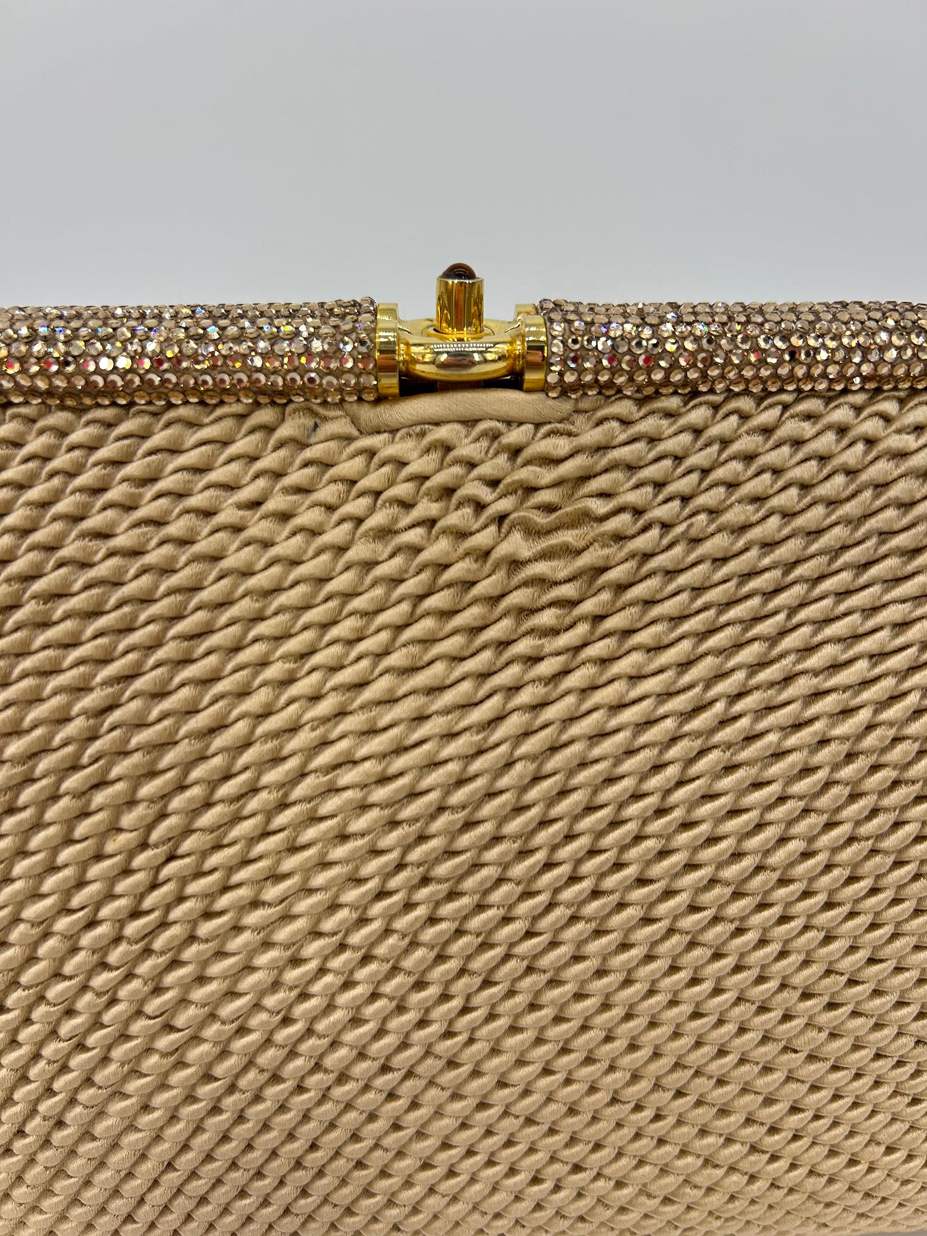Vintage Judith Leiber Beige Pleated Silk Swarovski Crystal Top Clutch c1980s For Sale 4