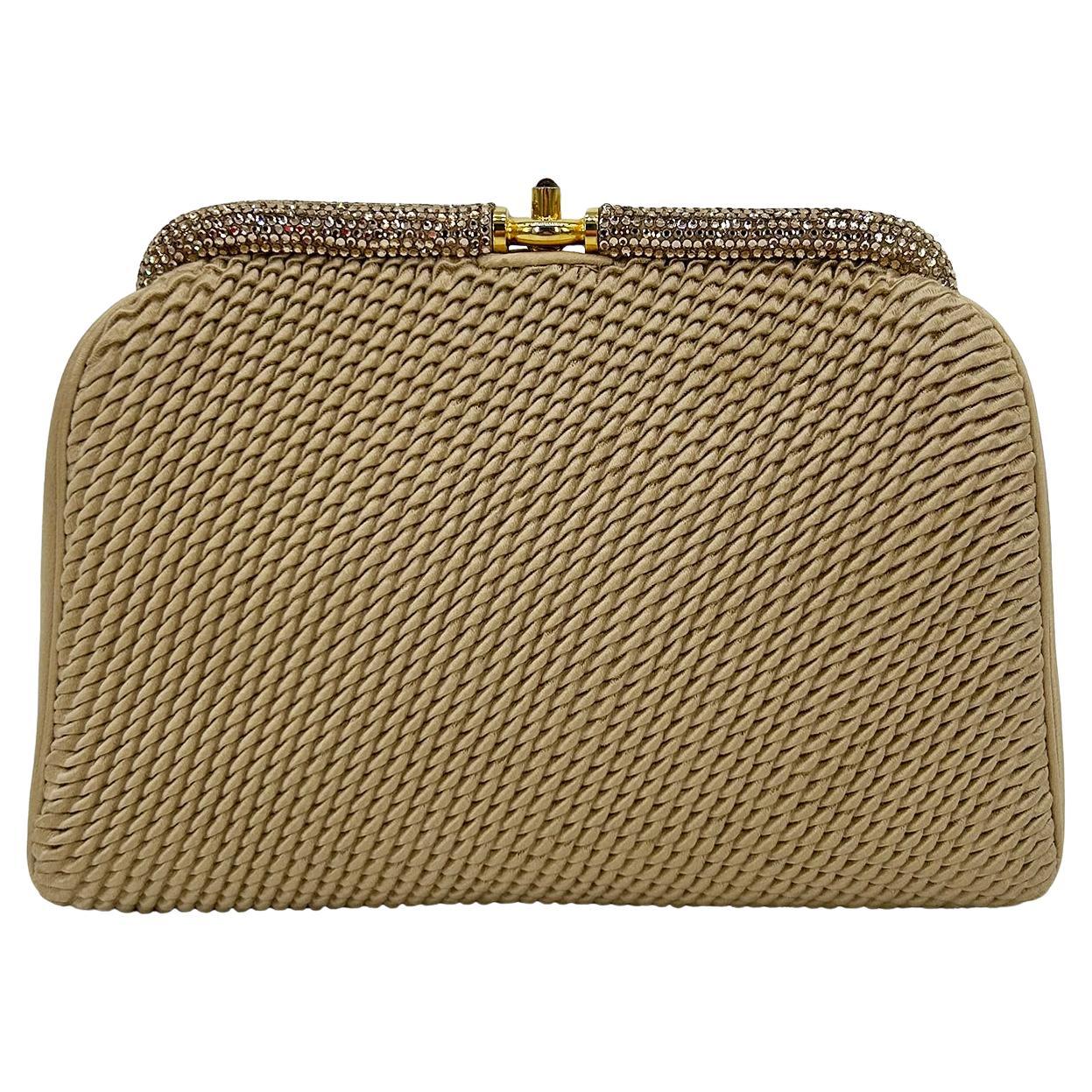 Vintage Judith Leiber Beige Pleated Silk Swarovski Crystal Top Clutch c1980s