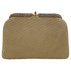 Vintage Judith Leiber Beige Pleated Silk Swarovski Crystal Top Clutch c1980s