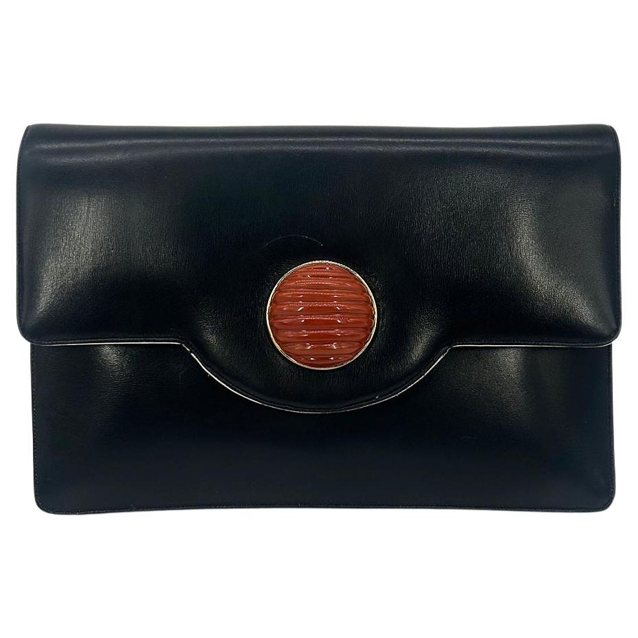 Vintage Judith Leiber Black Box Calf Leather Clutch For Sale