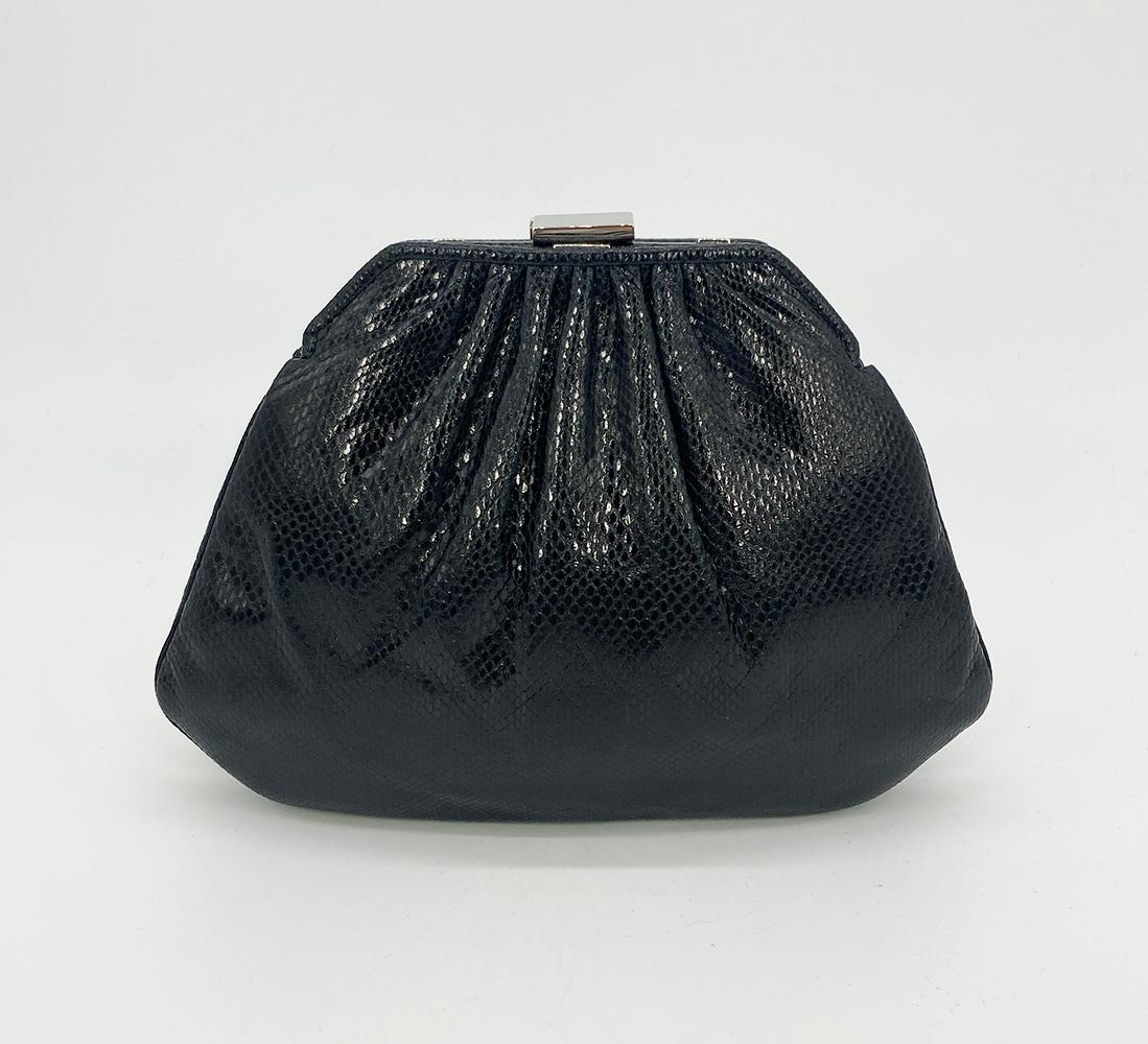 Judith Leiber Black Lizard Art Deco Crystal Top Clutch In Good Condition For Sale In Philadelphia, PA