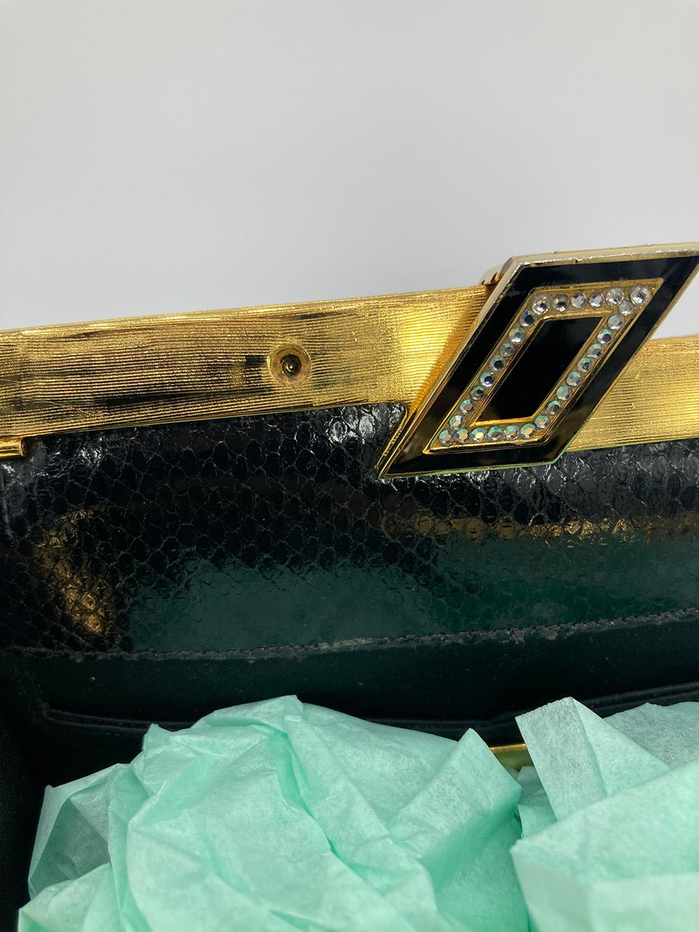 Judith Leiber Black Lizard Black Enamel Gold Top For Sale 4