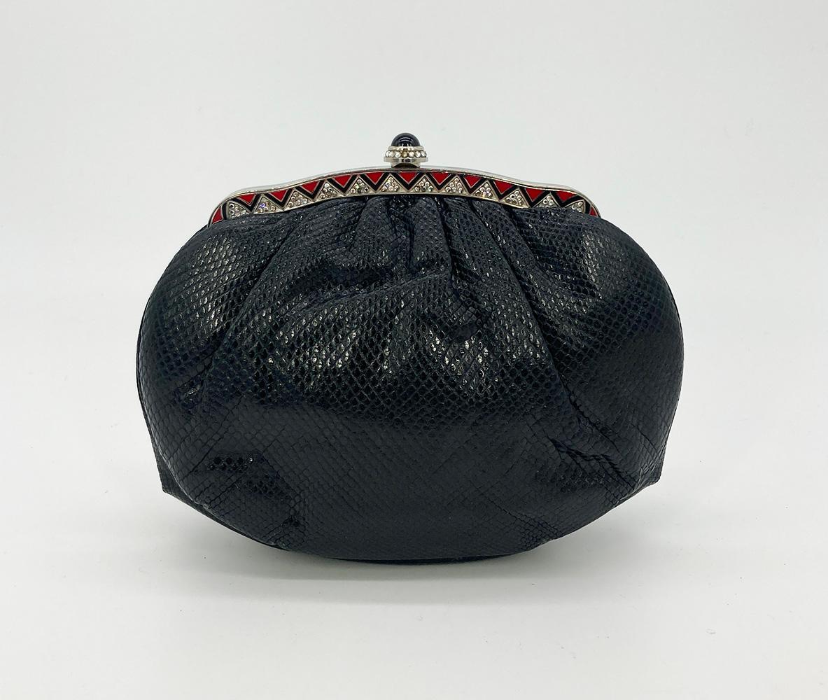 Judith Leiber Black Lizard Clutch with Red Enamel Crystal Top In Good Condition For Sale In Philadelphia, PA