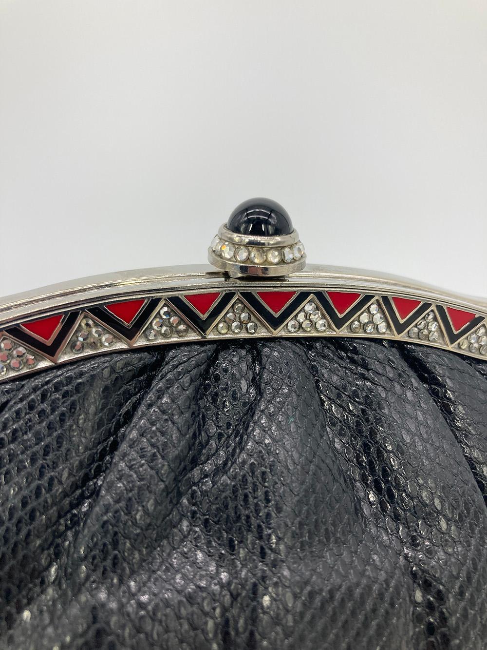 Judith Leiber Black Lizard Clutch with Red Enamel Crystal Top  For Sale 1
