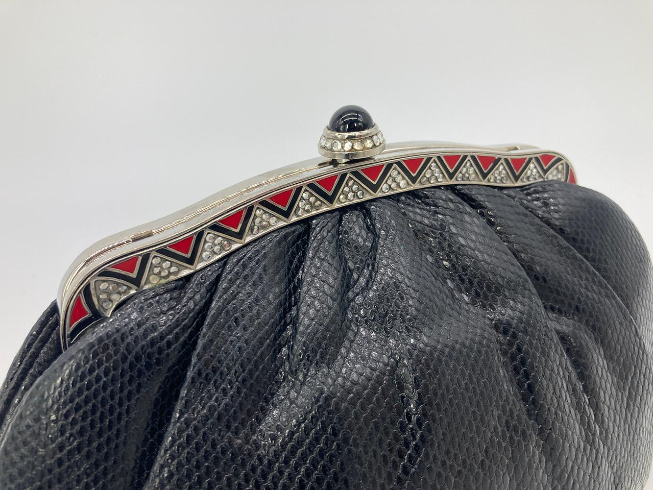 Judith Leiber Black Lizard Clutch with Red Enamel Crystal Top For Sale 2