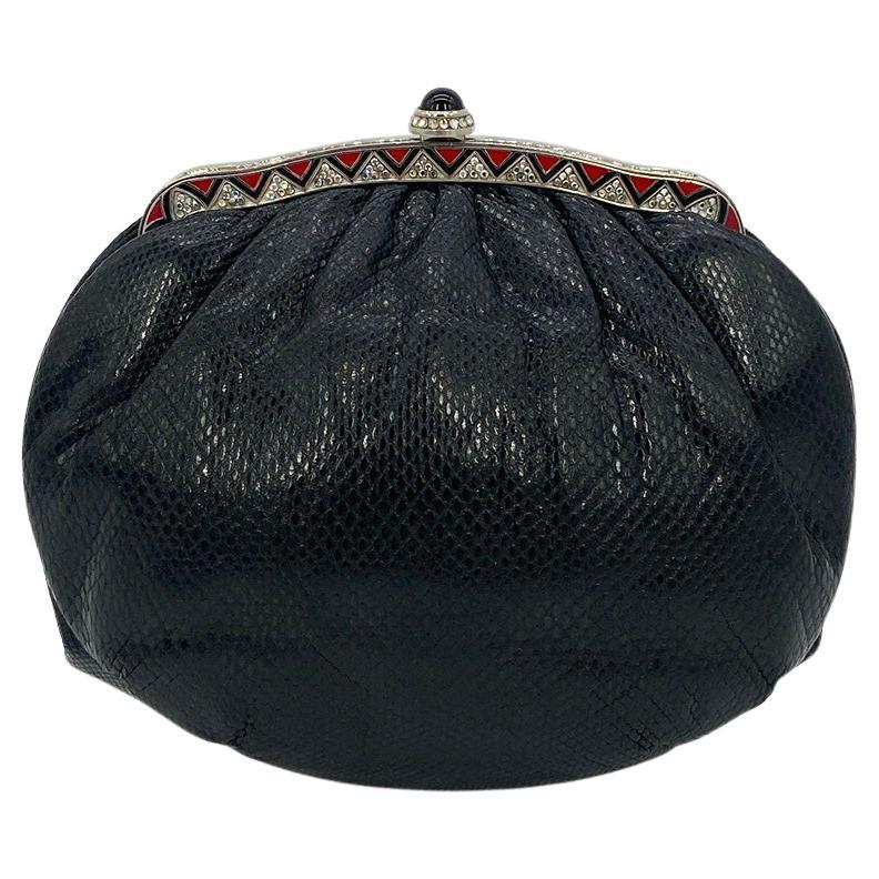 Judith Leiber Black Lizard Clutch with Red Enamel Crystal Top  For Sale