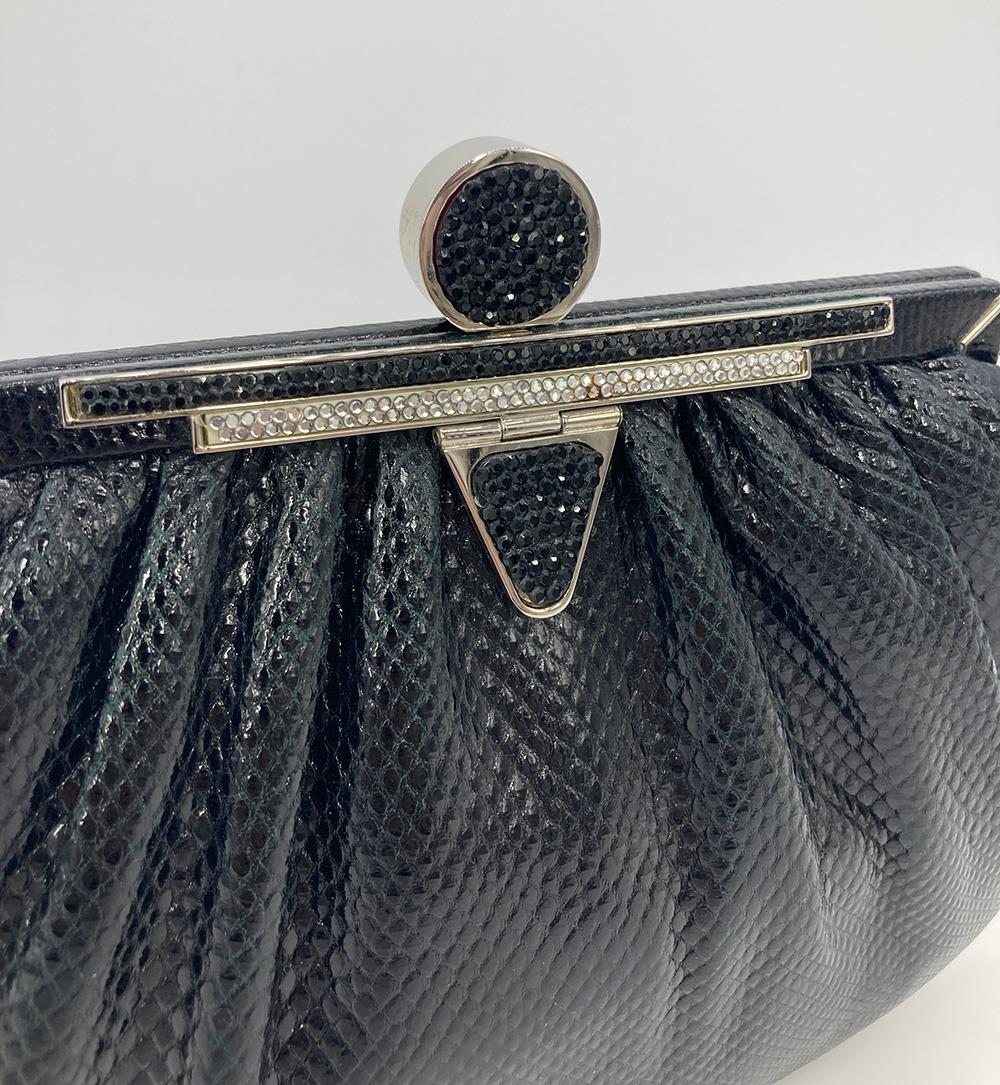 Judith Leiber Schwarze Eidechsen-Kristall-Clutch mit Kristall-Top  im Angebot 1