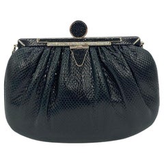 Judith Leiber Black Lizard Crystal Top Clutch 