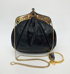 Judith Leiber Black Lizard Gemstone Top Shoulder Bag