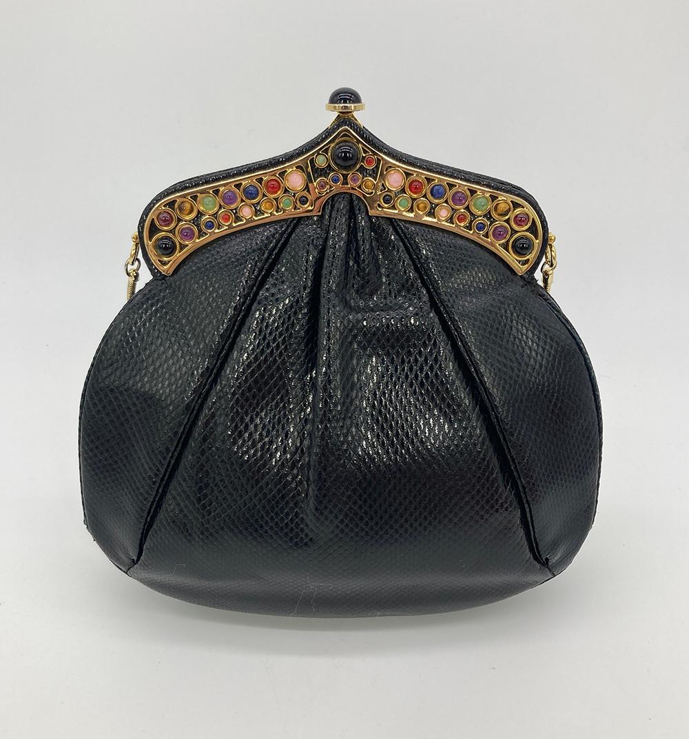 Judith Leiber Black Lizard Gemstone Top Shoulder Bag In Excellent Condition For Sale In Philadelphia, PA