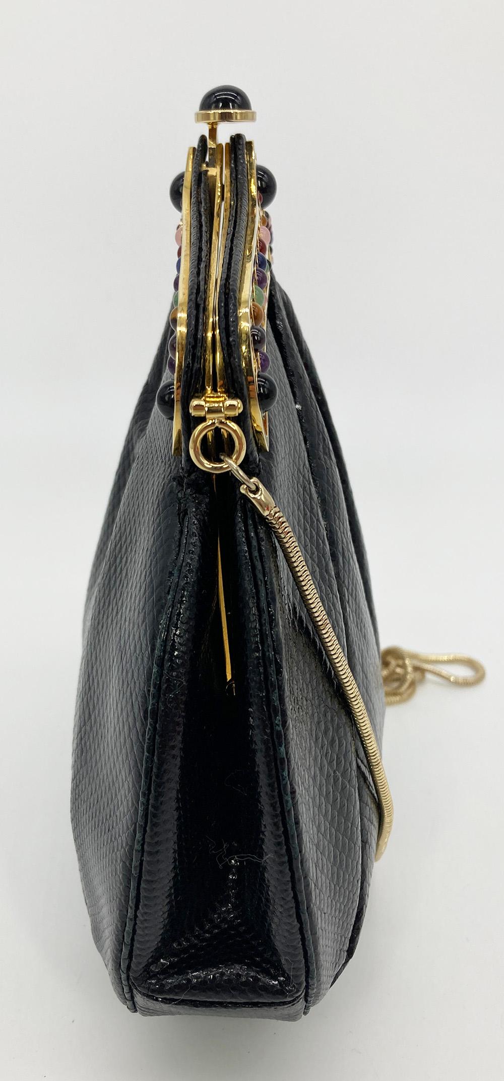 Women's Judith Leiber Black Lizard Gemstone Top Shoulder Bag For Sale